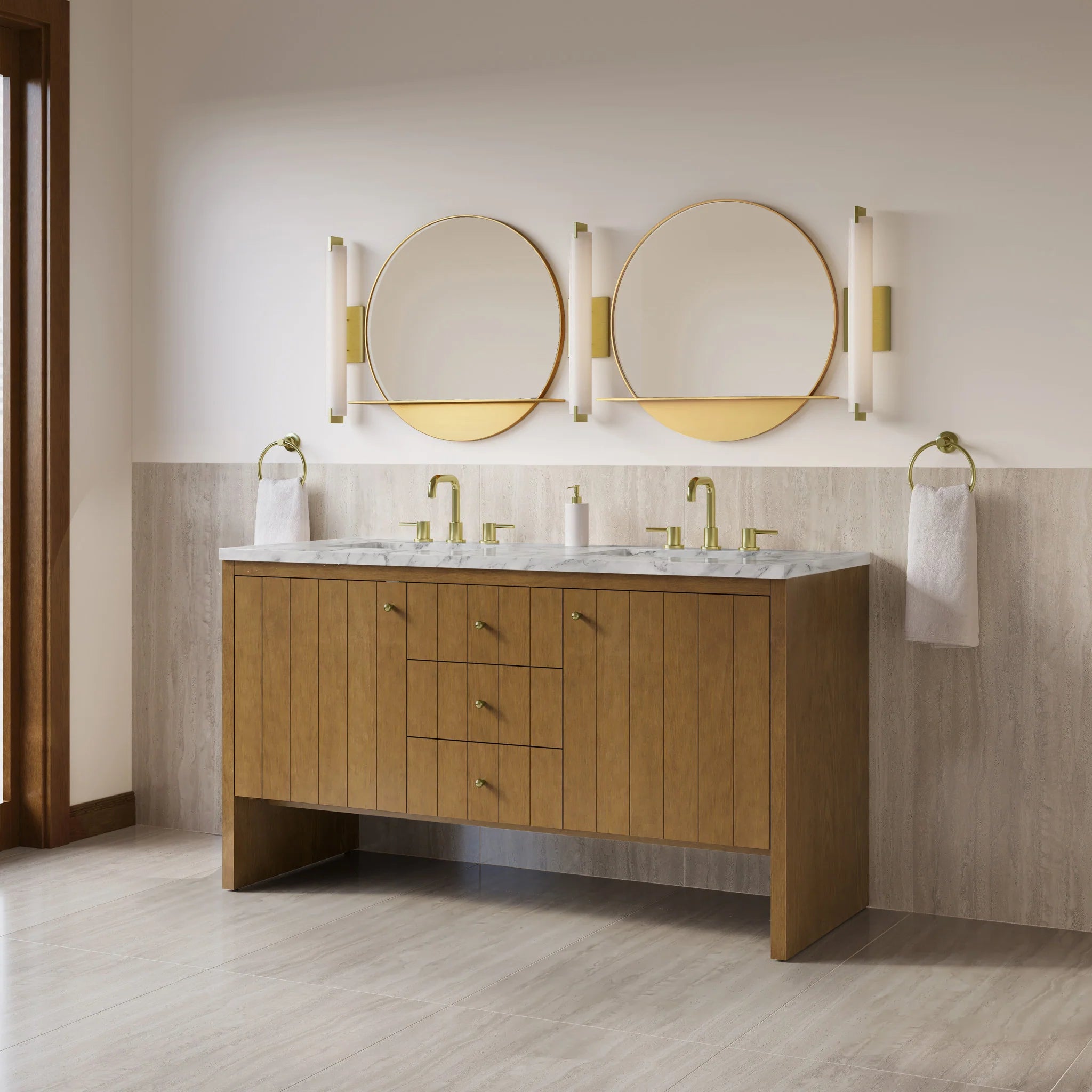 60" Hudson Double Vanity in Honey Oak by James Martin Vanities-Carrara White Marble 2