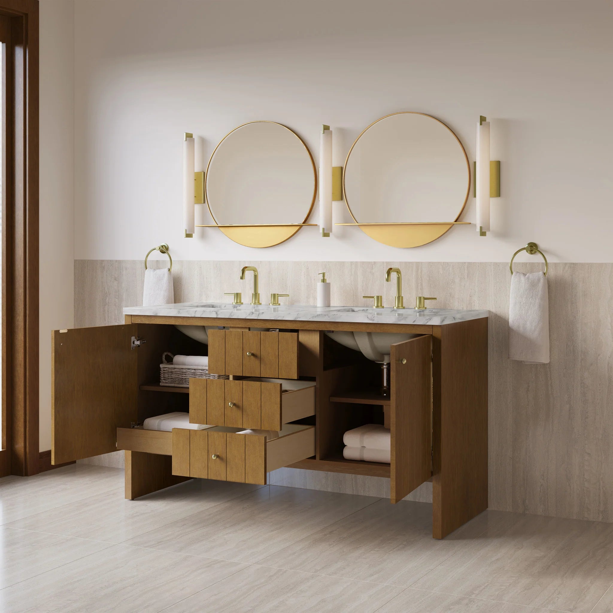 60" Hudson Double Vanity in Honey Oak by James Martin Vanities-Carrara White Marble 3