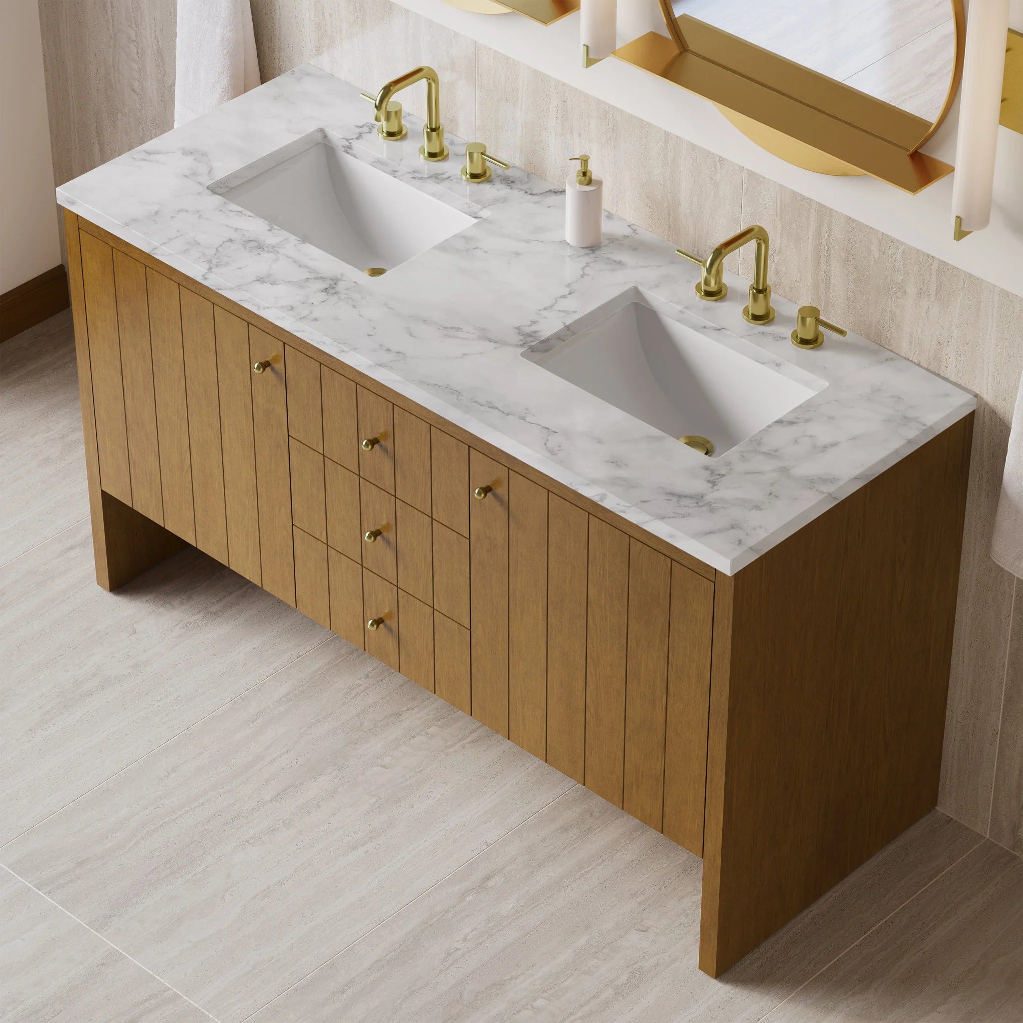 60" Hudson Double Vanity in Honey Oak by James Martin Vanities-Carrara White Marble 6
