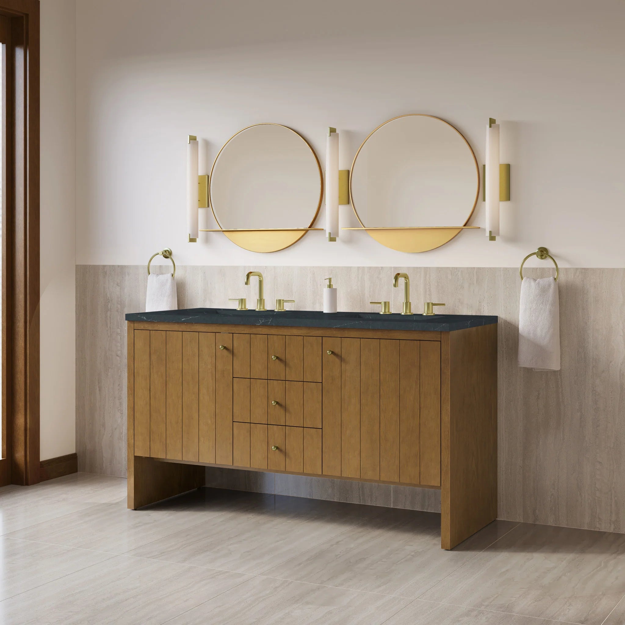 60" Hudson Double Vanity in Honey Oak by James Martin Vanities-Charcoal Soapstone Silestone 2