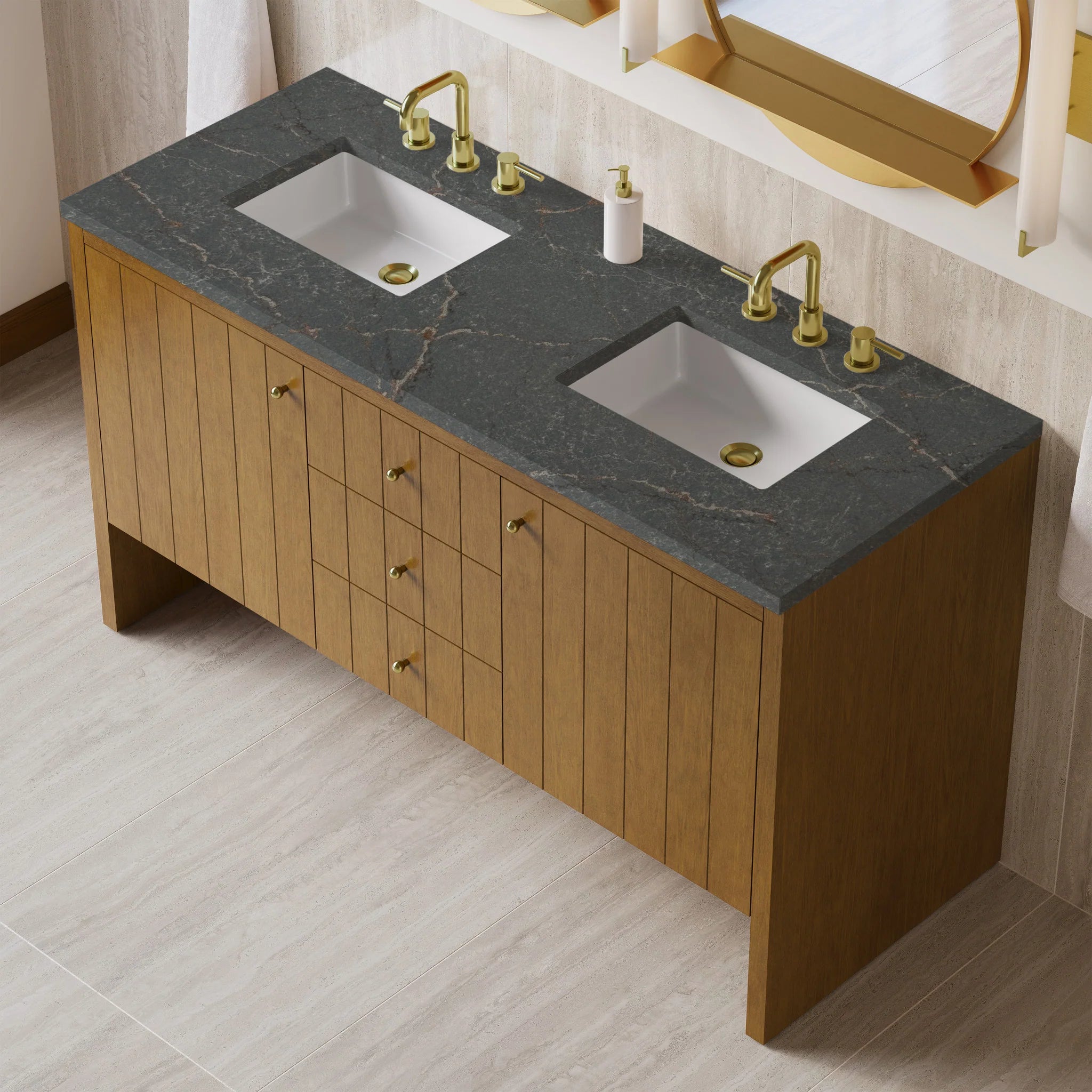 60" Hudson Double Vanity in Honey Oak by James Martin Vanities-Parisien Bleu Silestone 6