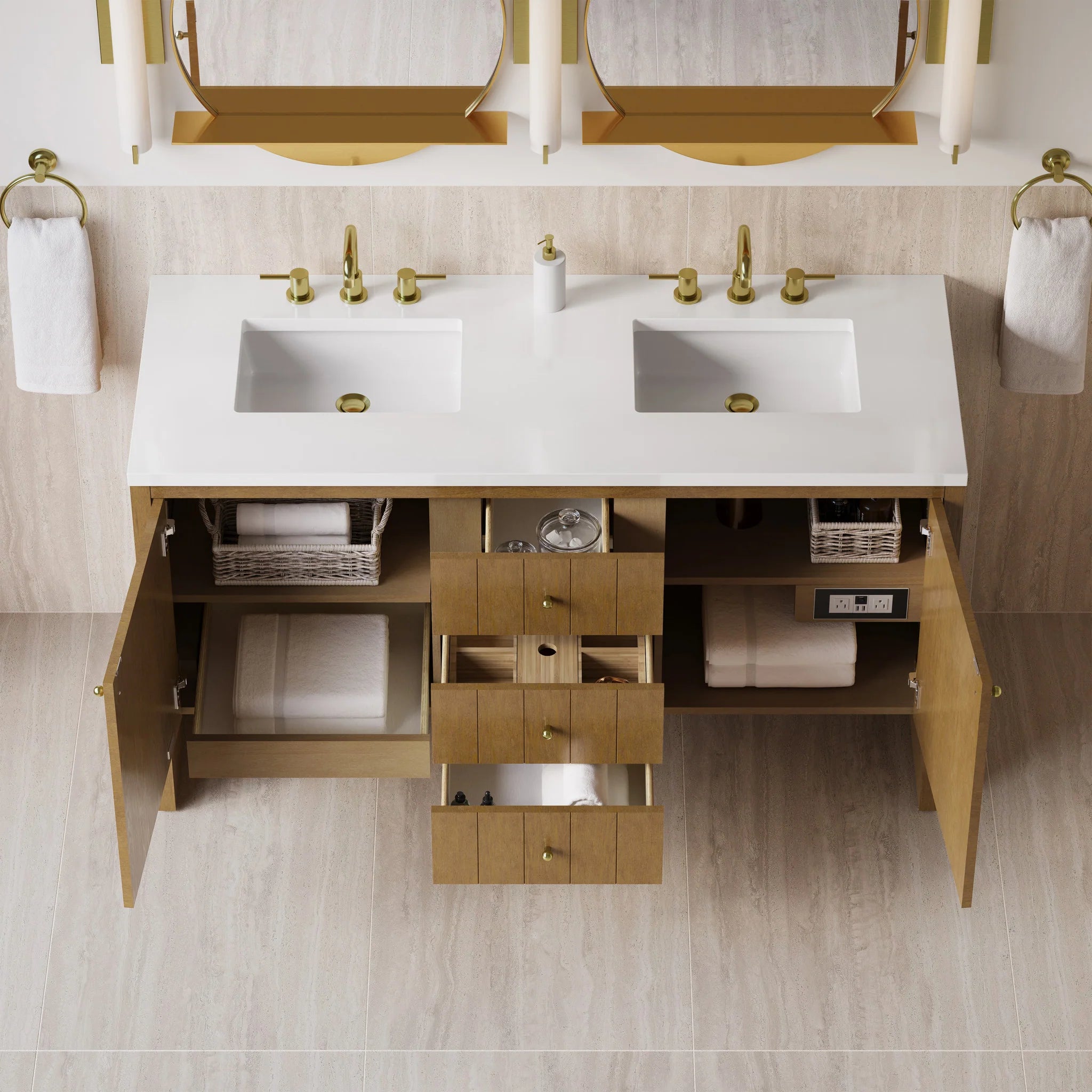 60" Hudson Double Vanity in Honey Oak by James Martin Vanities-White Zeus Silestone 7