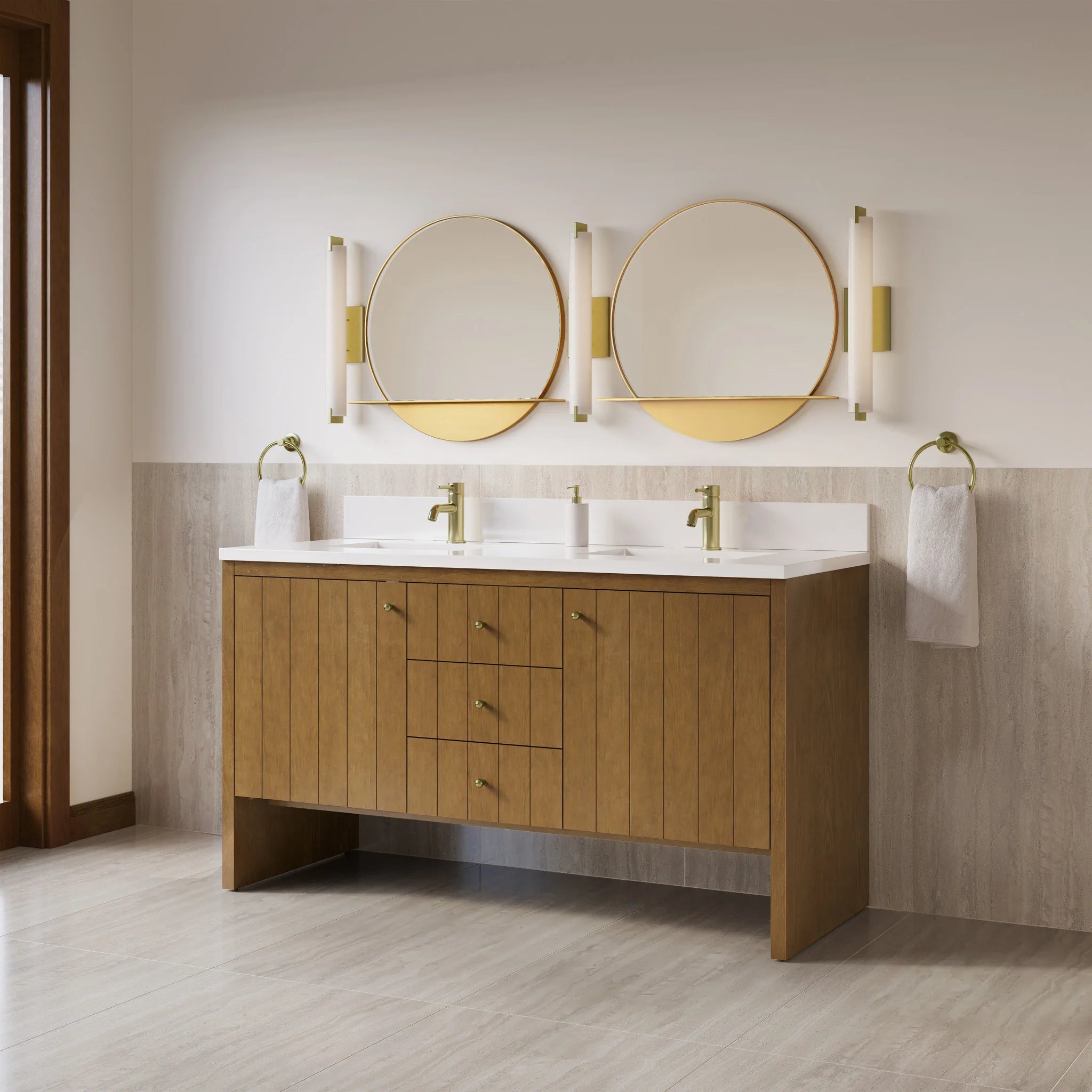 60" Hudson Double Vanity in Honey Oak by James Martin Vanities-White Zeus Silestone & Backsplash 2