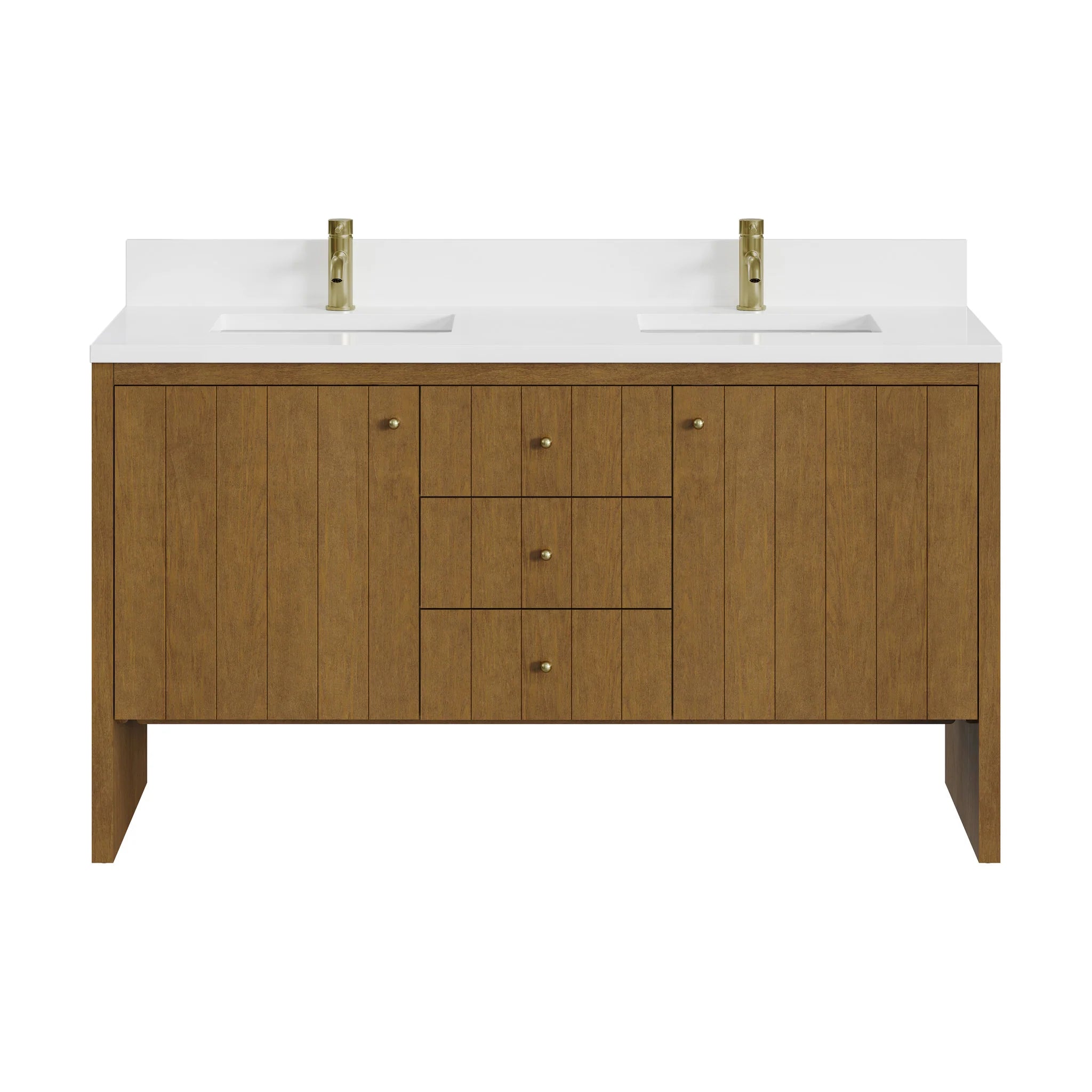 60" Hudson Double Vanity in Honey Oak by James Martin Vanities-White Zeus Silestone & Backsplash 