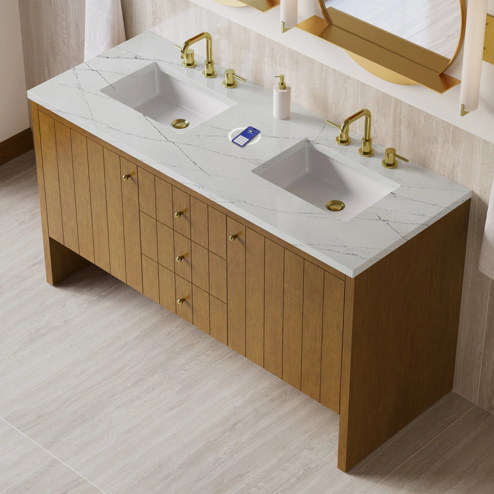 60" Hudson Double Vanity in Honey Oak w/FreePower Wireless Charger by James Martin Vanities-Ethereal Noctis Silestone 6
