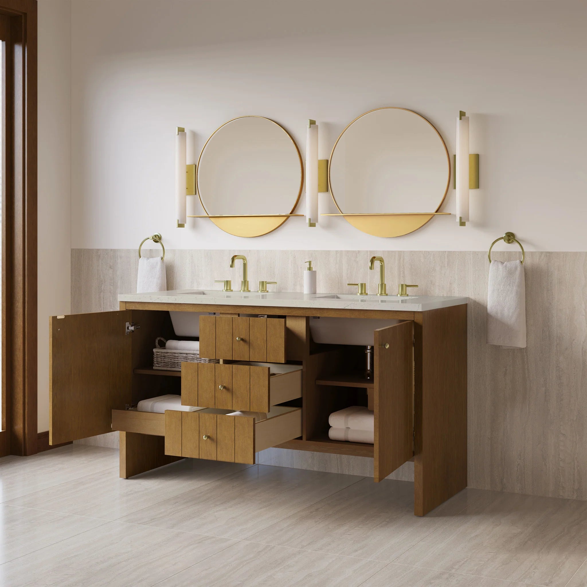 60" Hudson Double Vanity in Honey Oak w/FreePower Wireless Charger by James Martin Vanities-Siberian Silestone 3