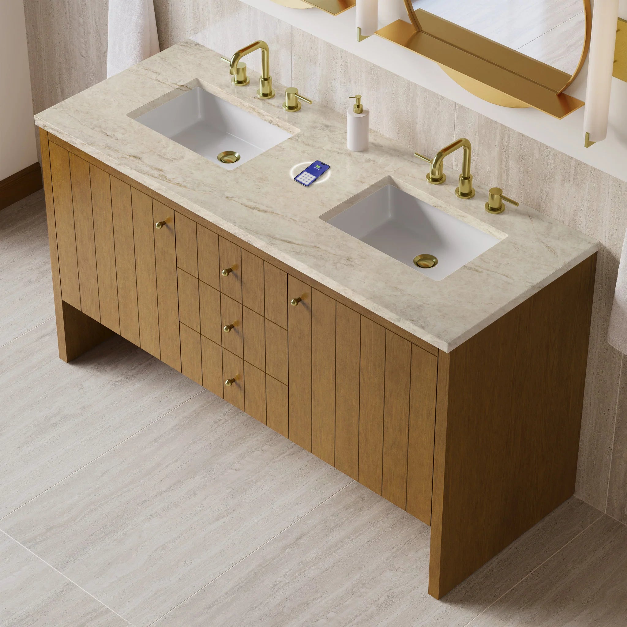 60" Hudson Double Vanity in Honey Oak w/FreePower Wireless Charger by James Martin Vanities-Tajnar Eclos 6