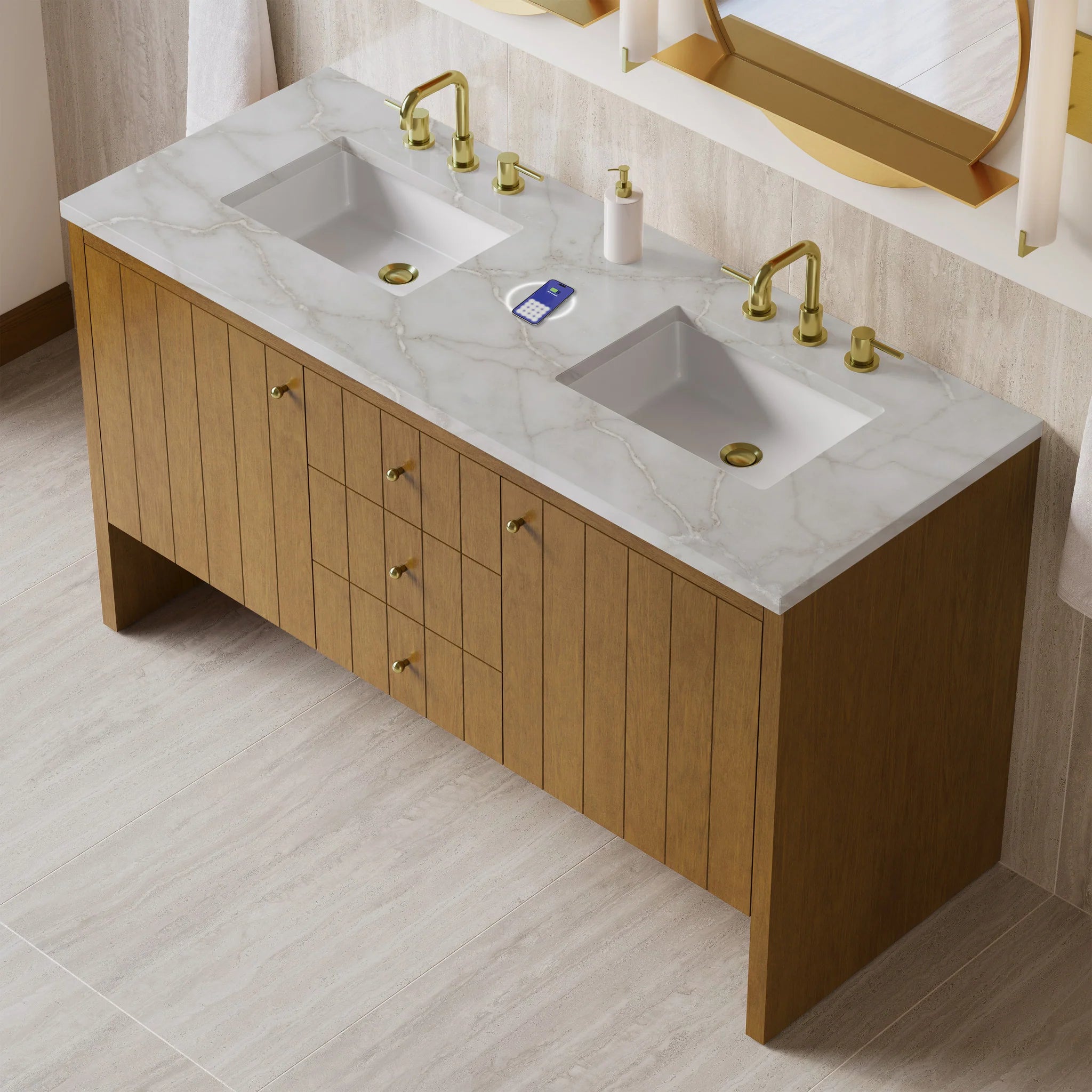 60" Hudson Double Vanity in Honey Oak w/FreePower Wireless Charger by James Martin Vanities-Victorian Silver Silestone 6