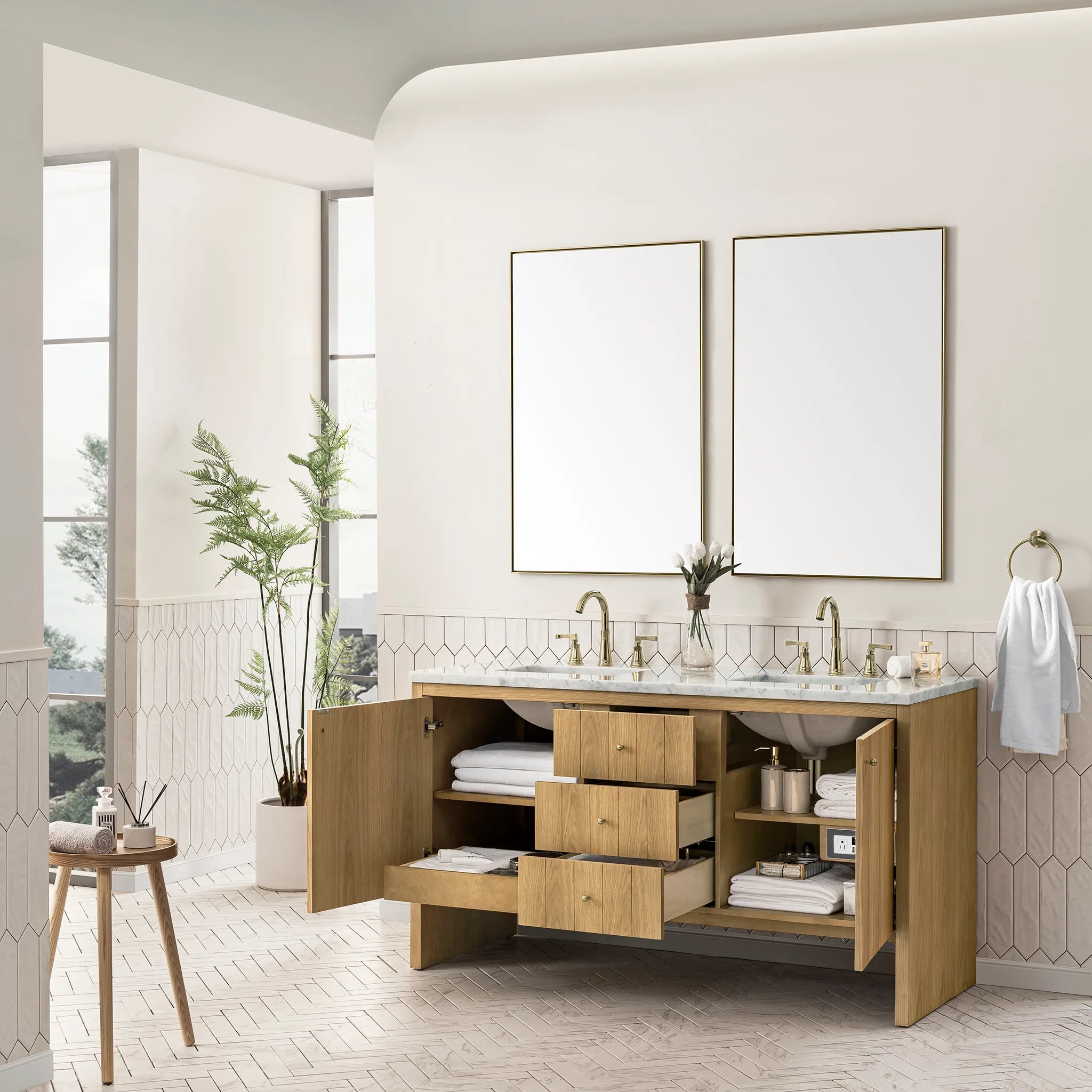 60" Hudson Double Vanity in Light Natural Oak-Carrara White Marble-8" Widespread image 2