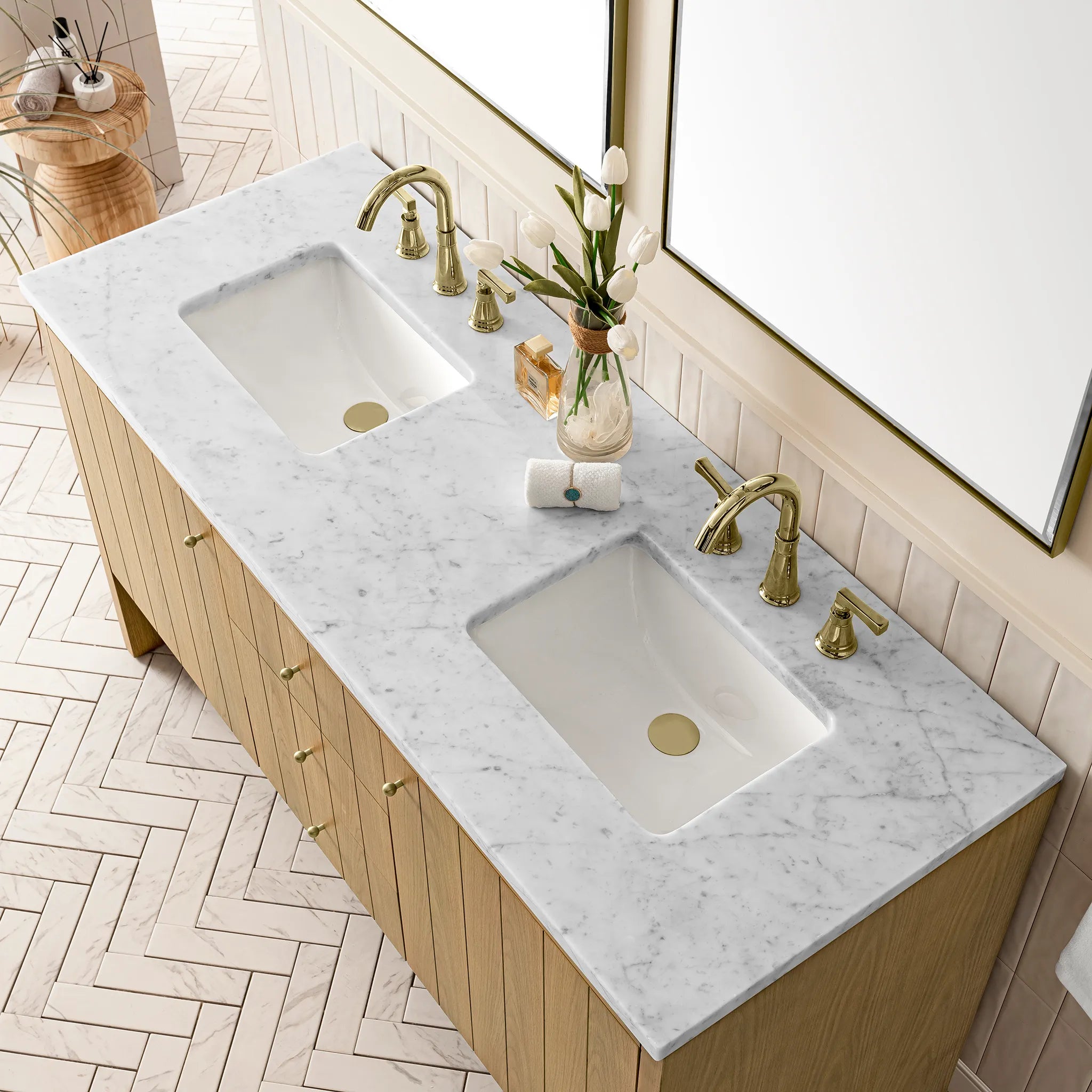 60" Hudson Double Vanity in Light Natural Oak-Carrara White Marble-8" Widespread image 4