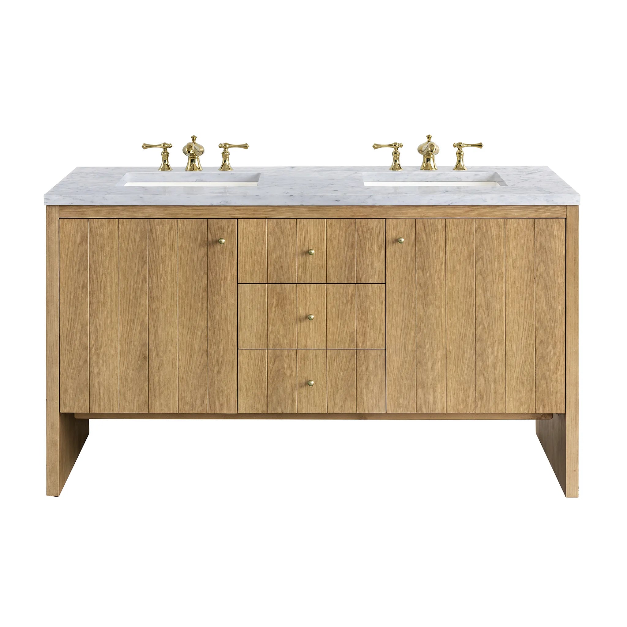 60" Hudson Double Vanity in Light Natural Oak-Carrara White Marble-8" Widespread image