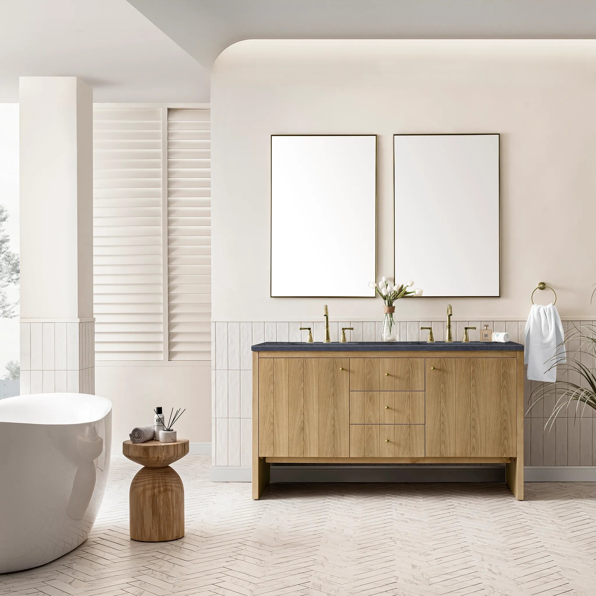 60" Hudson Double Vanity in Light Natural Oak-Charcoal Soapstone Silestone-8" Widespread image 1