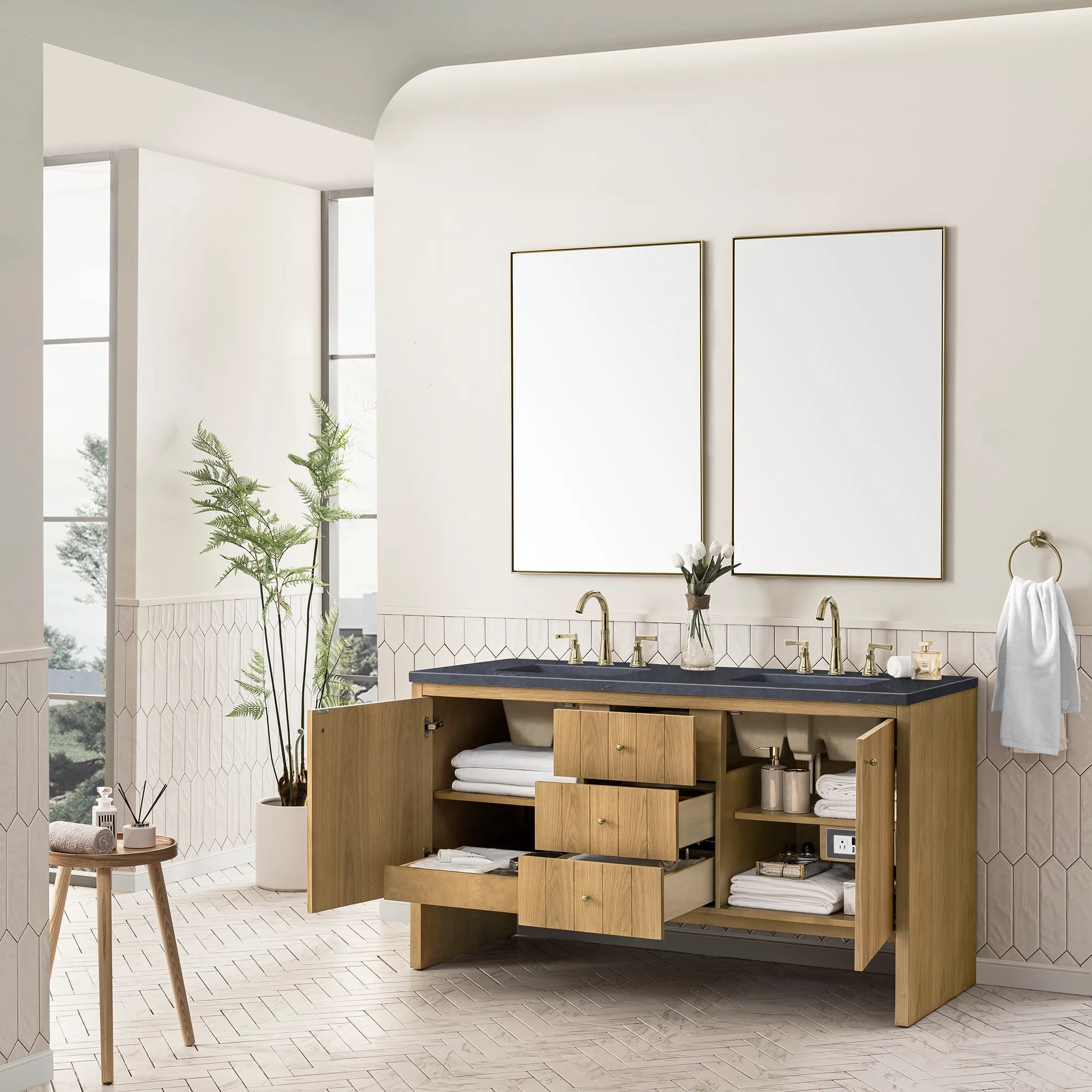 60" Hudson Double Vanity in Light Natural Oak-Charcoal Soapstone Silestone-8" Widespread image 3