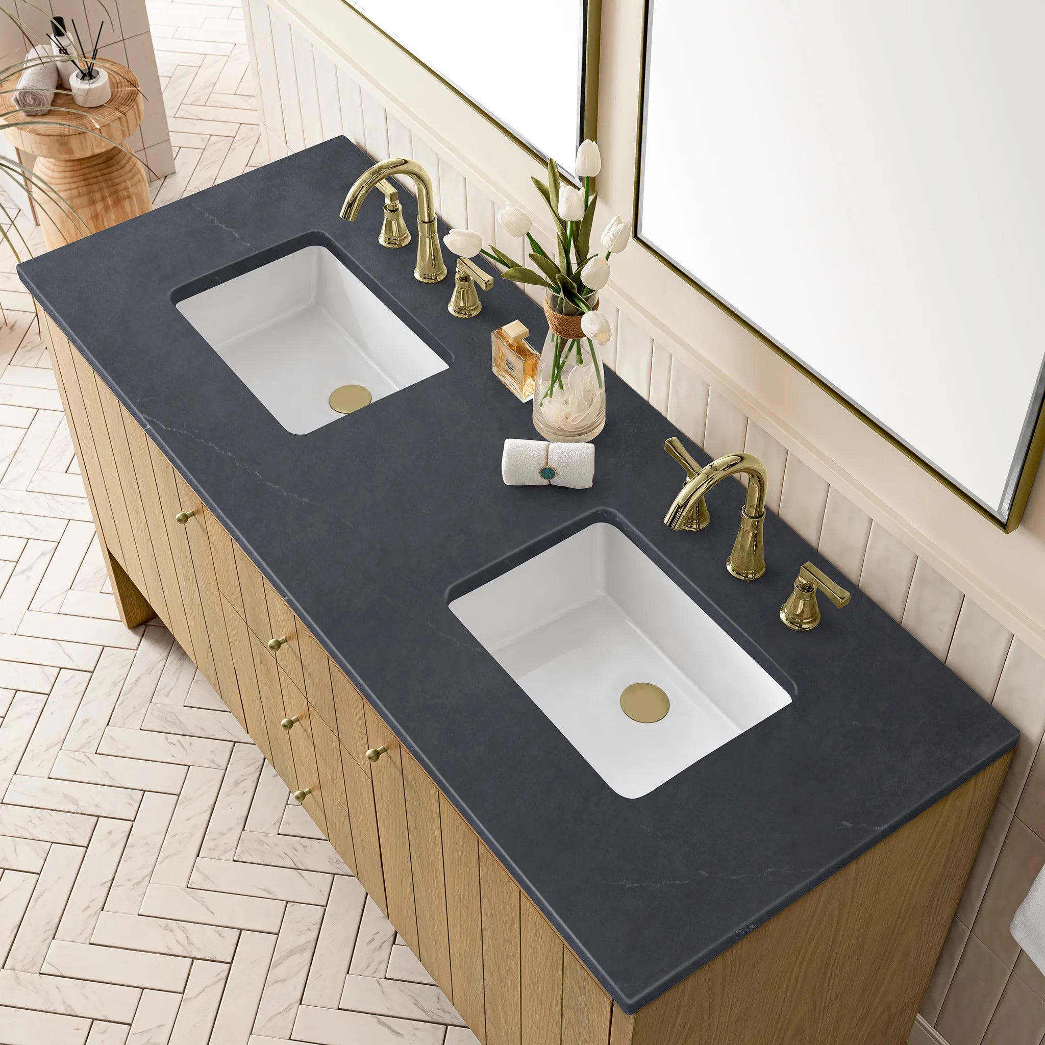 60" Hudson Double Vanity in Light Natural Oak-Charcoal Soapstone Silestone-8" Widespread image 5
