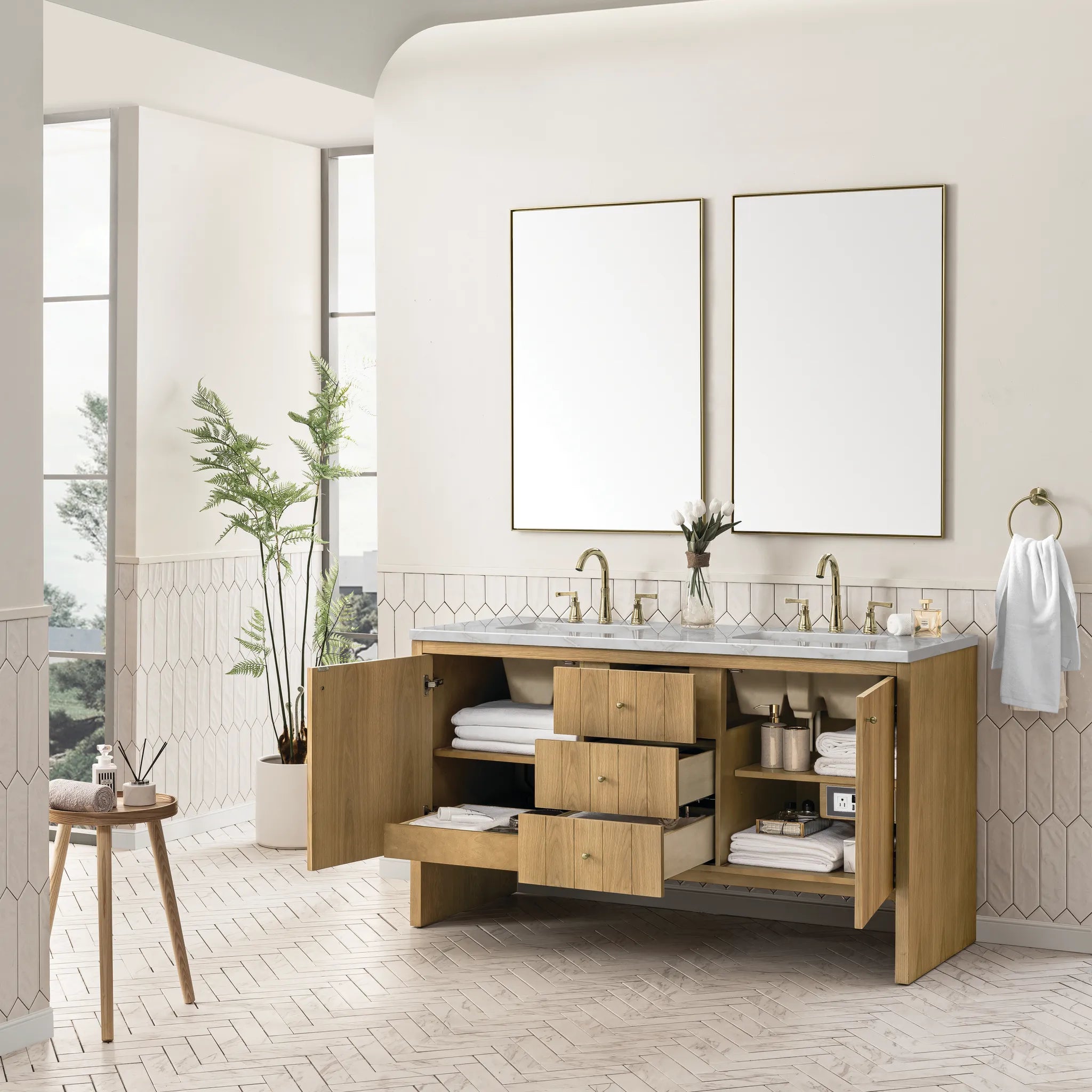 60" Hudson Double Vanity in Light Natural Oak-Victorian Silver Silestone-8" Widespread image 3