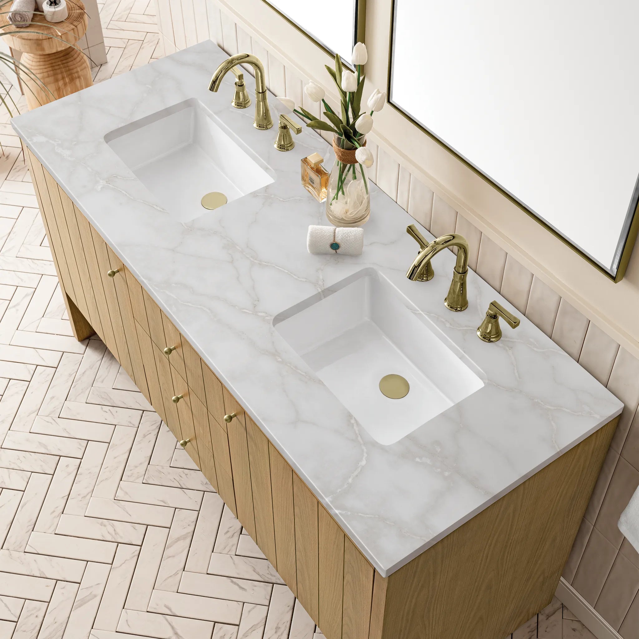 60" Hudson Double Vanity in Light Natural Oak-Victorian Silver Silestone-8" Widespread image 5