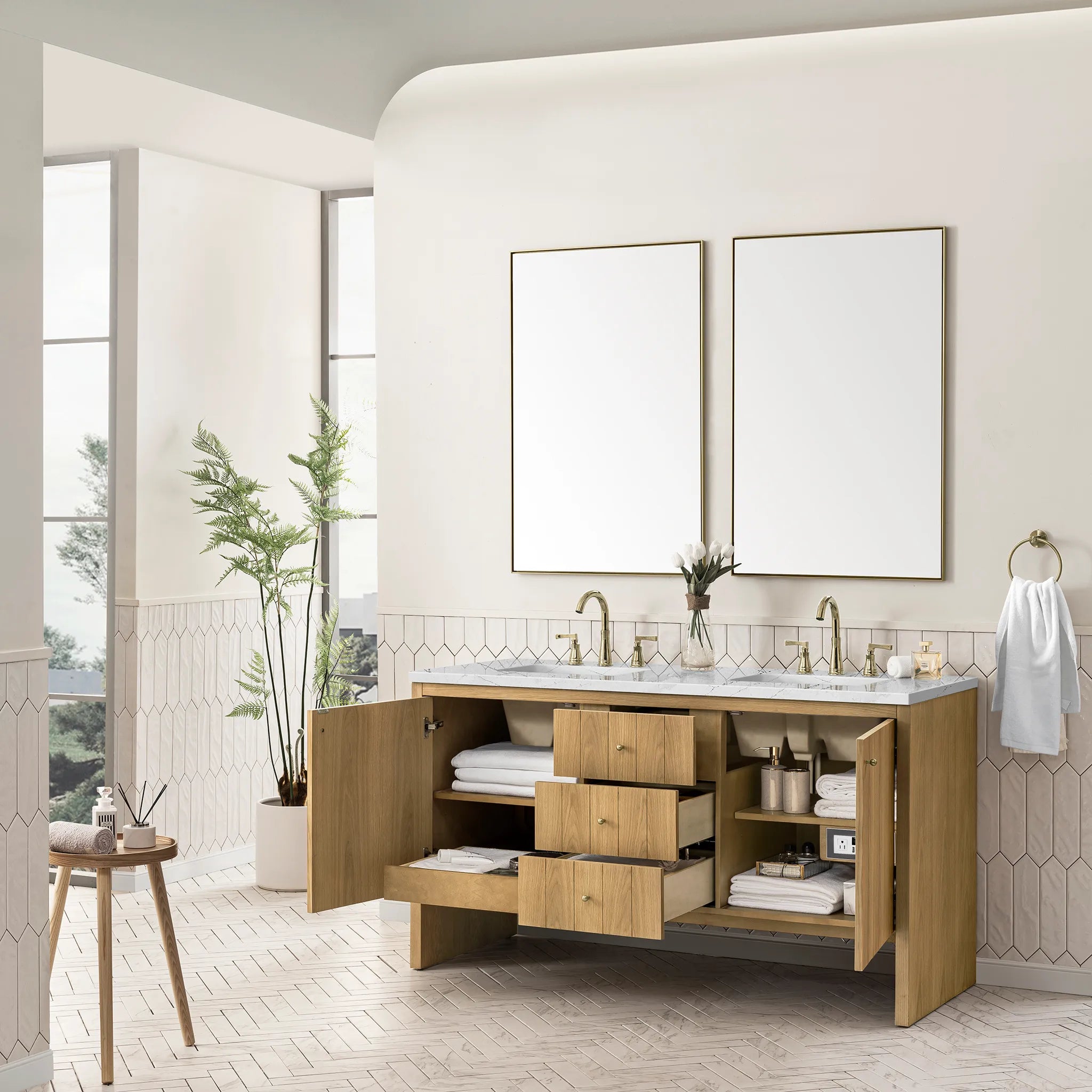60" Hudson Double Vanity in Light Natural Oak w/FreePower Wireless Charger-Ethereal Noctis Silestone-8" Widespread image 6