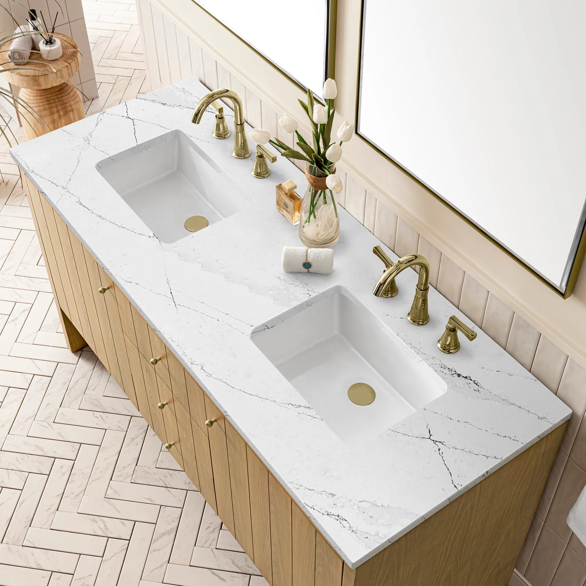 60" Hudson Double Vanity in Light Natural Oak w/FreePower Wireless Charger-Ethereal Noctis Silestone-8" Widespread image 8