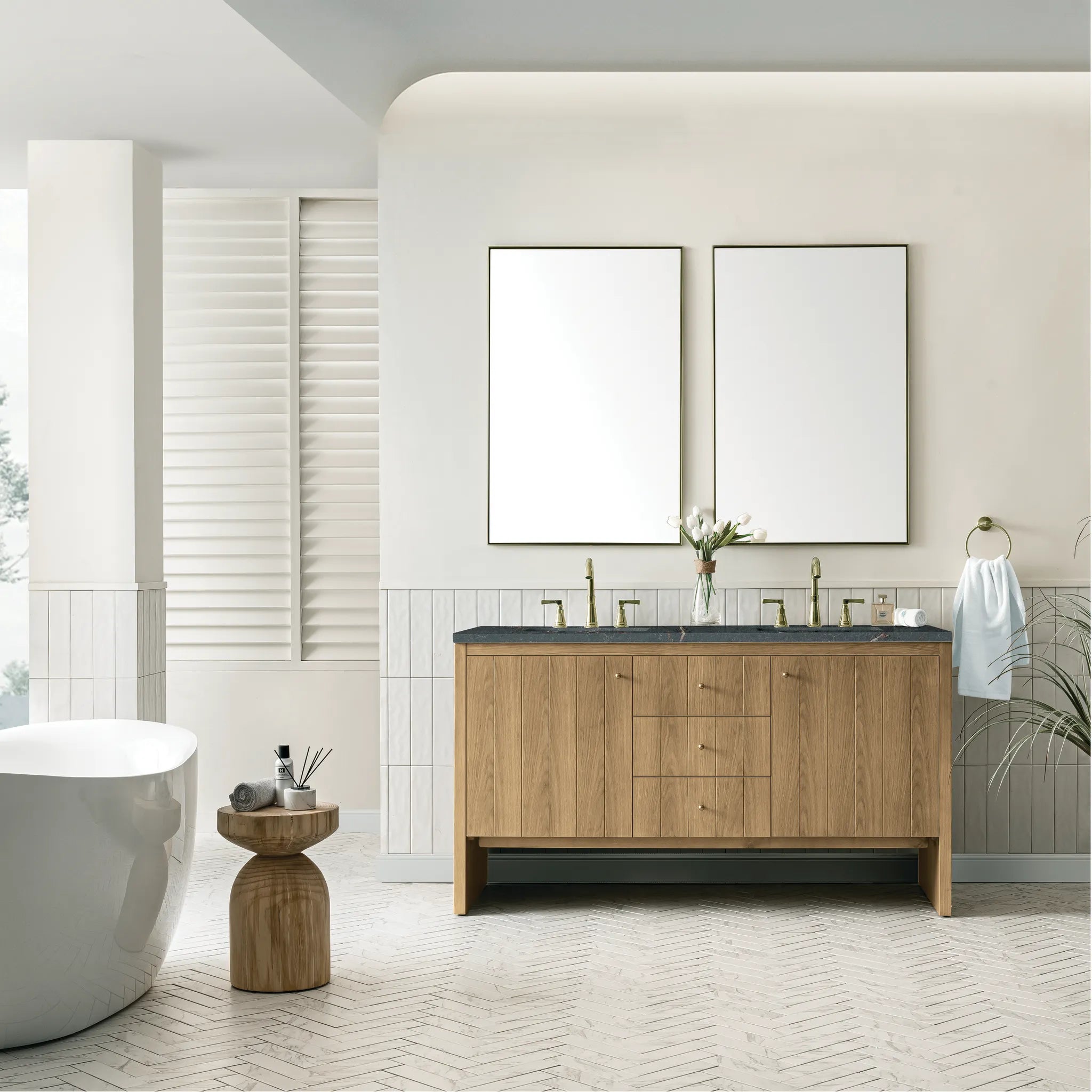 60" Hudson Double Vanity in Light Natural Oak w/FreePower Wireless Charger-Parisien Bleu Silestone-8" Widespread image 4