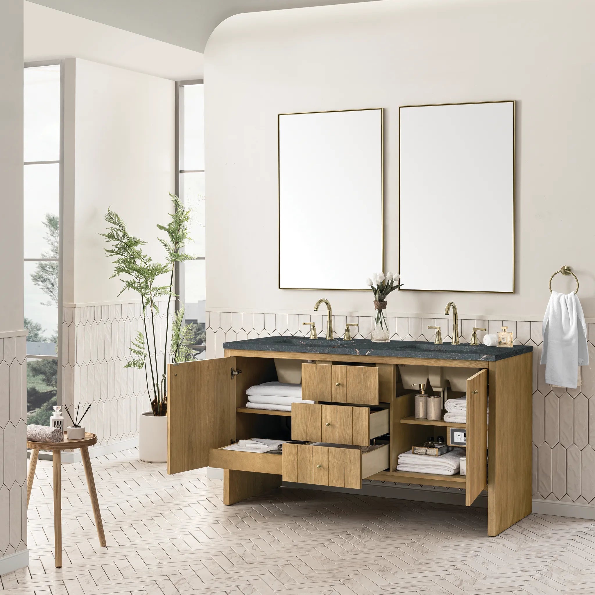 60" Hudson Double Vanity in Light Natural Oak w/FreePower Wireless Charger-Parisien Bleu Silestone-8" Widespread image 6