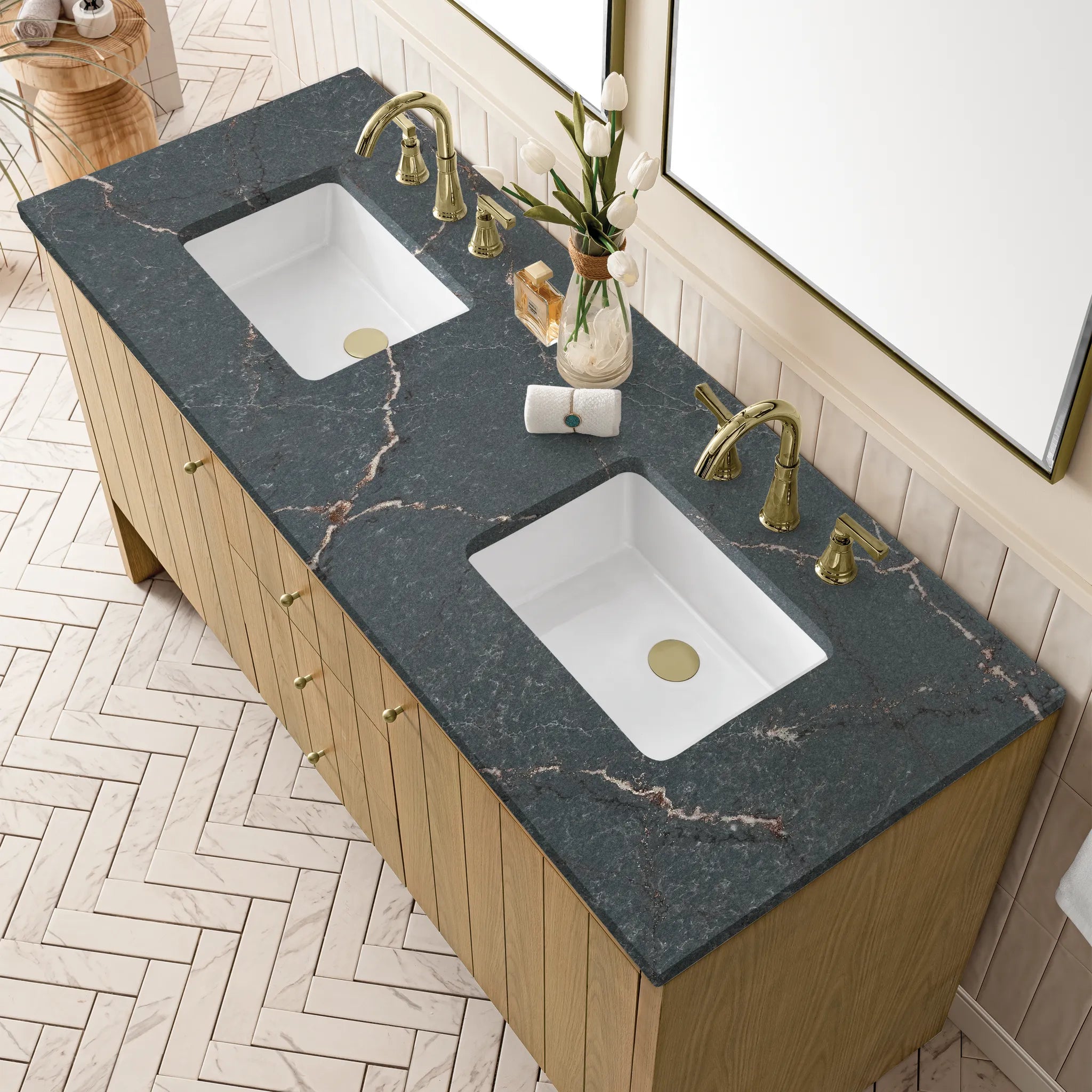 60" Hudson Double Vanity in Light Natural Oak w/FreePower Wireless Charger-Parisien Bleu Silestone-8" Widespread image 8
