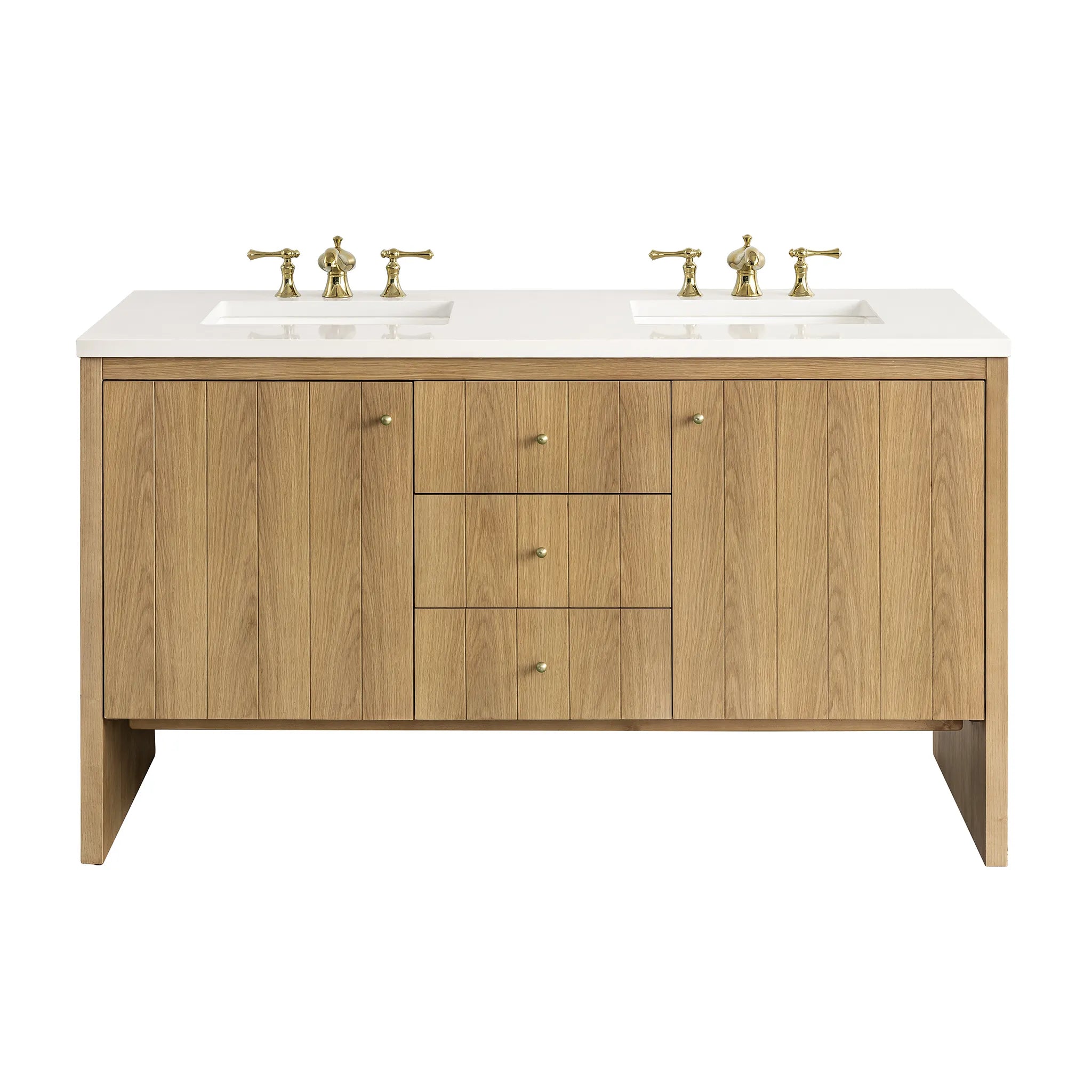 60" Hudson Double Vanity in Light Natural Oak-White Zeus Silestone-8" Widespread image 1