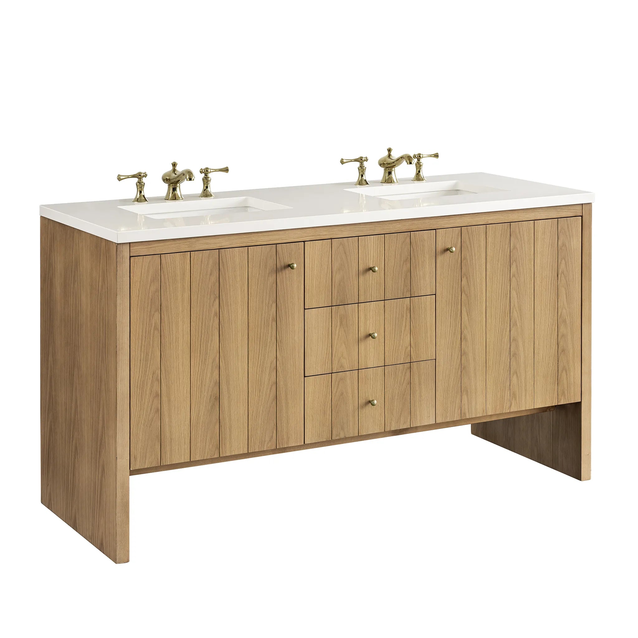 60" Hudson Double Vanity in Light Natural Oak-White Zeus Silestone-8" Widespread image 8