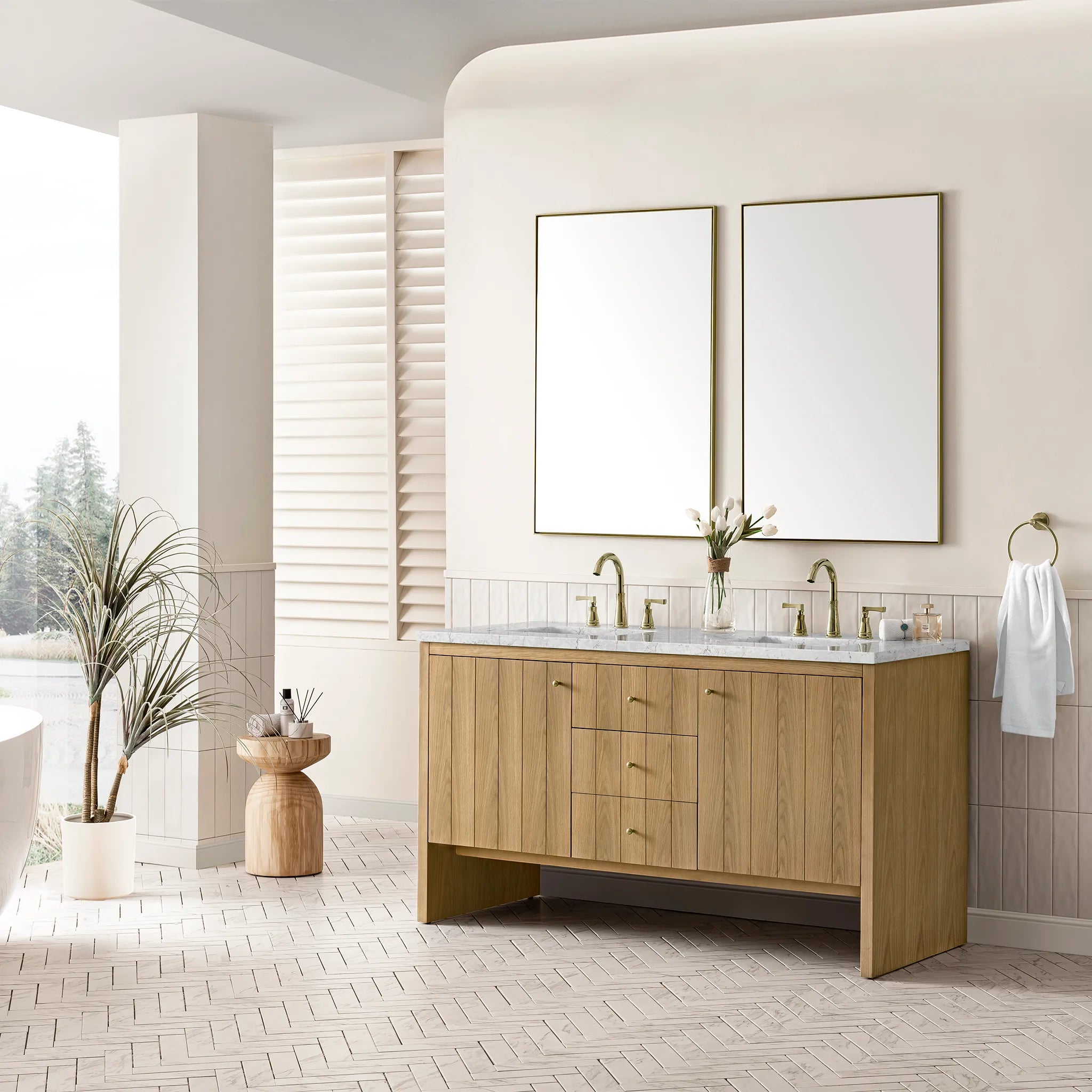 60" Hudson Double Vanity in Light Natural Oak Wireless Charger-Eternal Jasmine Pearl Silestone-8" Widespread image 5