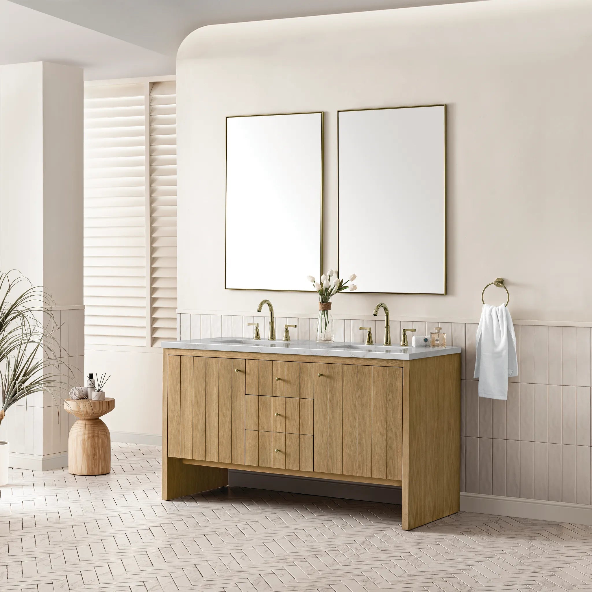 60" Hudson Double Vanity in Light Natural Oak Wireless Charger-Victorian Silver Silestone-8" Widespread image 5
