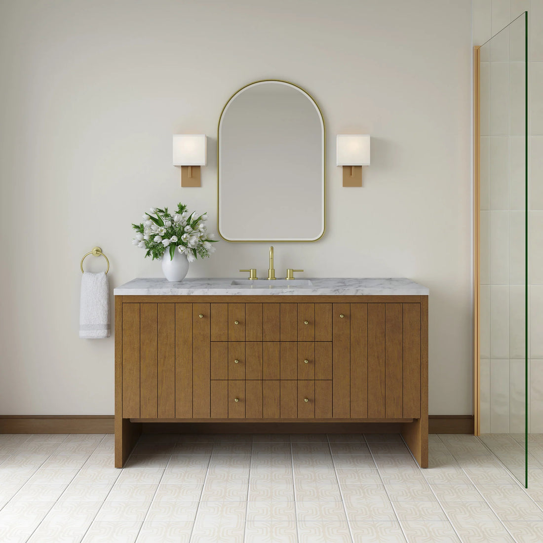 60" Hudson Single Vanity in Honey Oak by James Martin Vanities-Carrara White Marble 1
