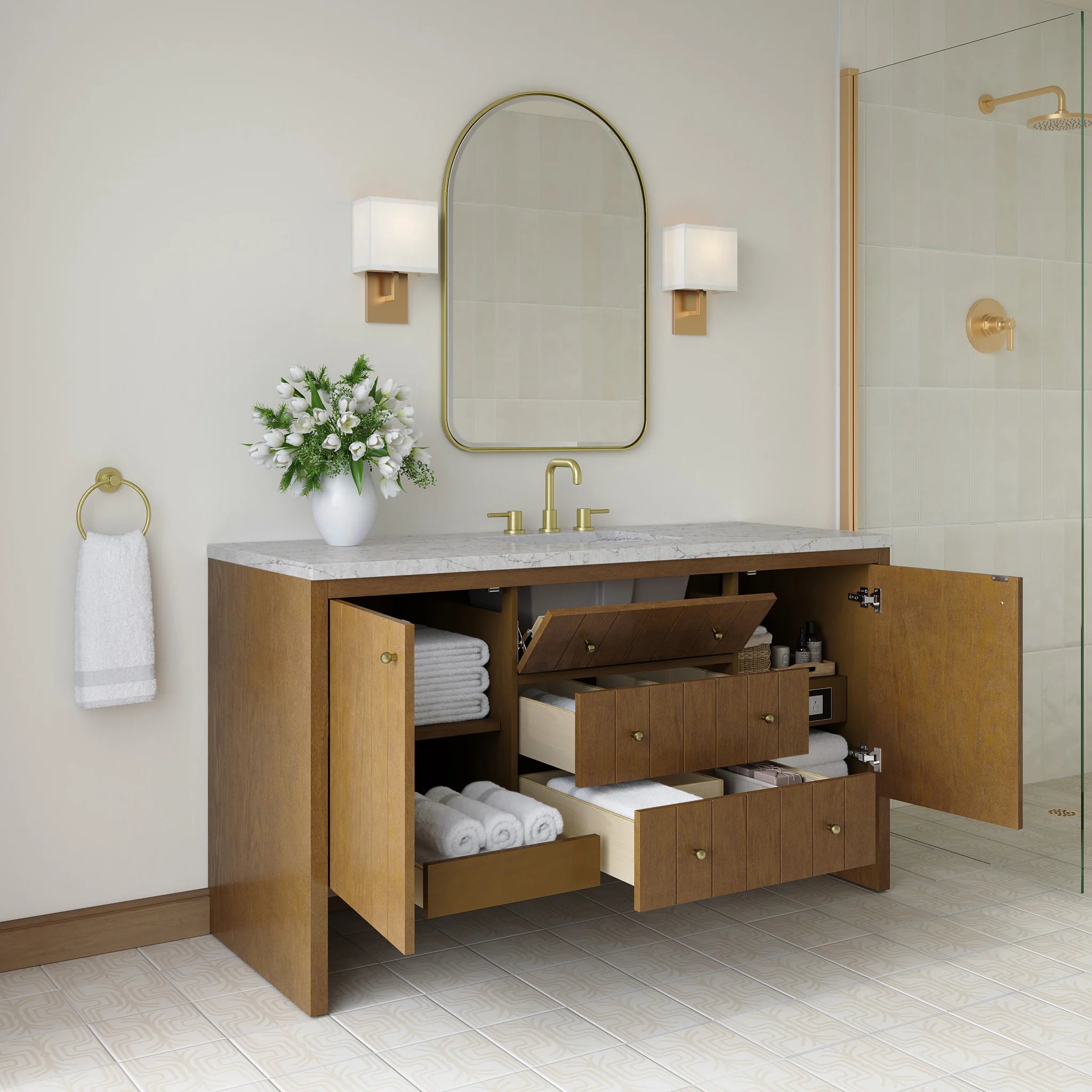 60" Hudson Single Vanity in Honey Oak by James Martin Vanities-Eternal Jasmine Pearl Silestone 3