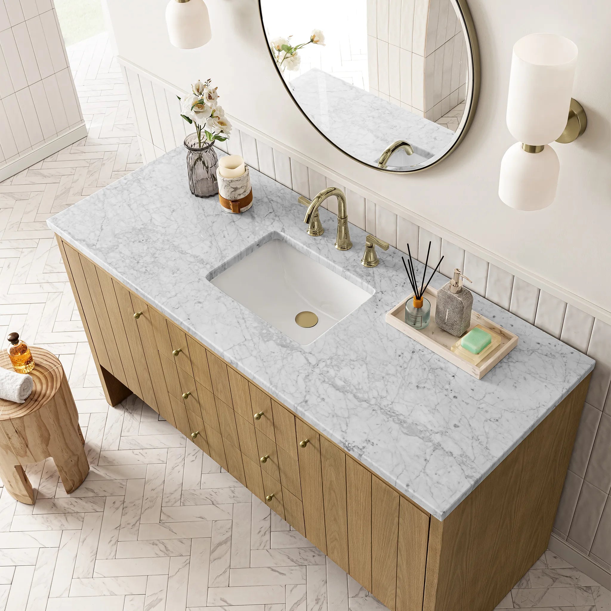 60" Hudson Single Vanity in Light Natural Oak-Carrara White Marble-8" Widespread image 5
