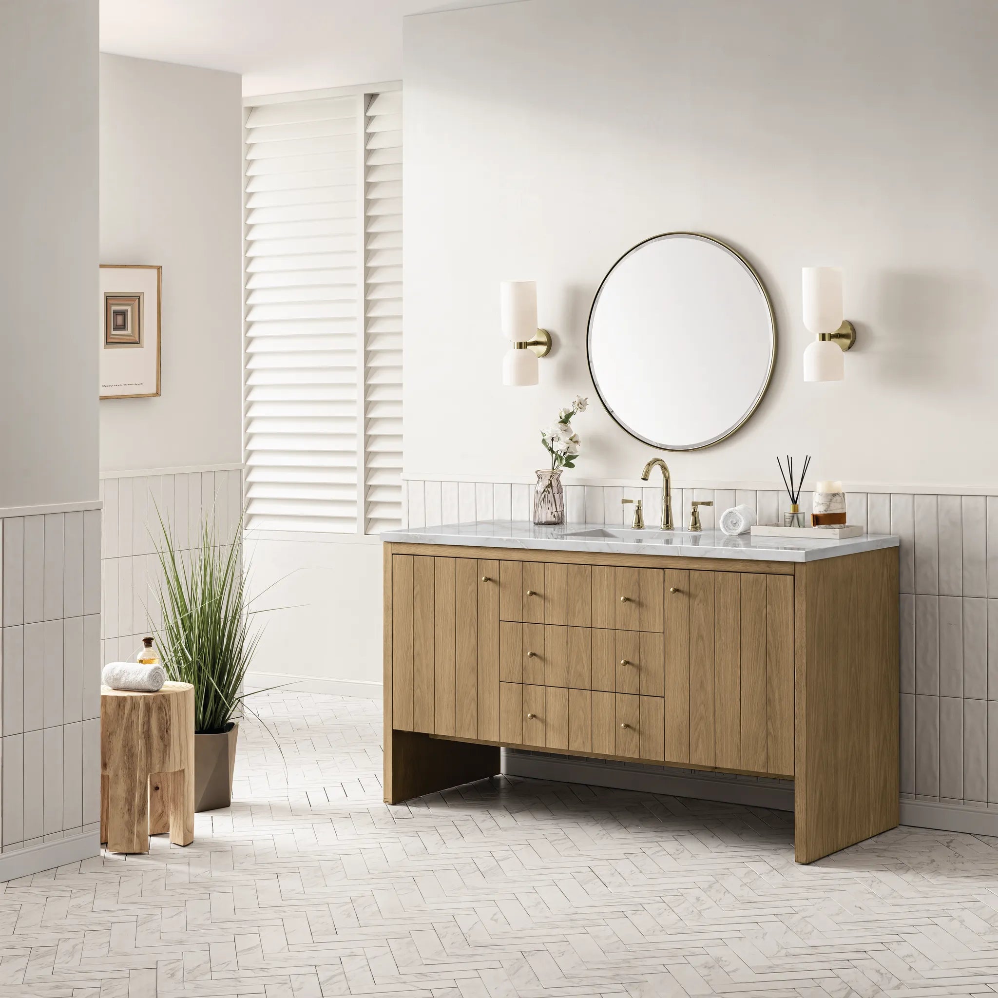 60" Hudson Single Vanity in Light Natural Oak-Victorian Silver Silestone-8" Widespread image 2