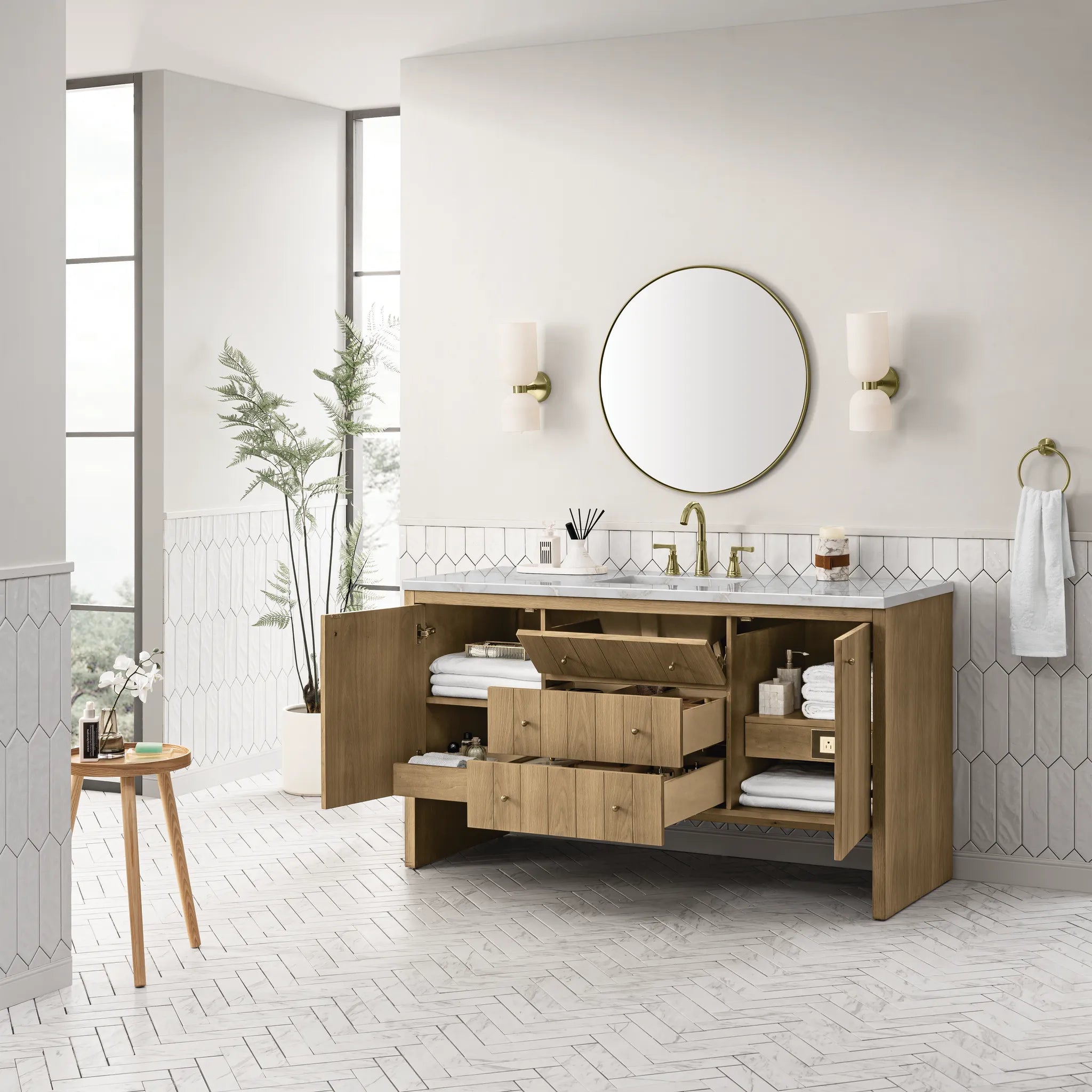 60" Hudson Single Vanity in Light Natural Oak-Victorian Silver Silestone-8" Widespread image 3