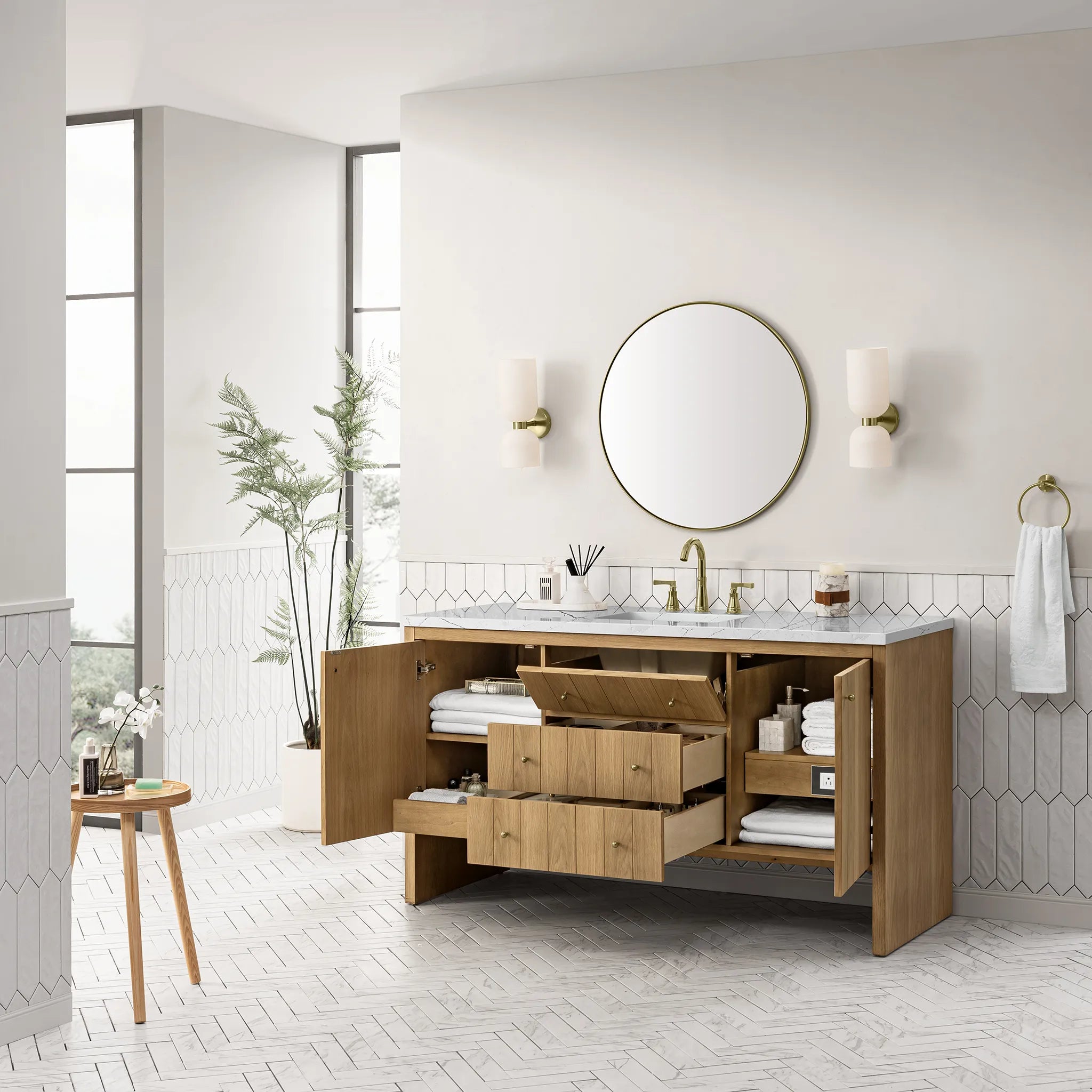 60" Hudson Single Vanity in Light Natural Oak w/FreePower Wireless Charger-Ethereal Noctis Silestone-8" Widespread image 6