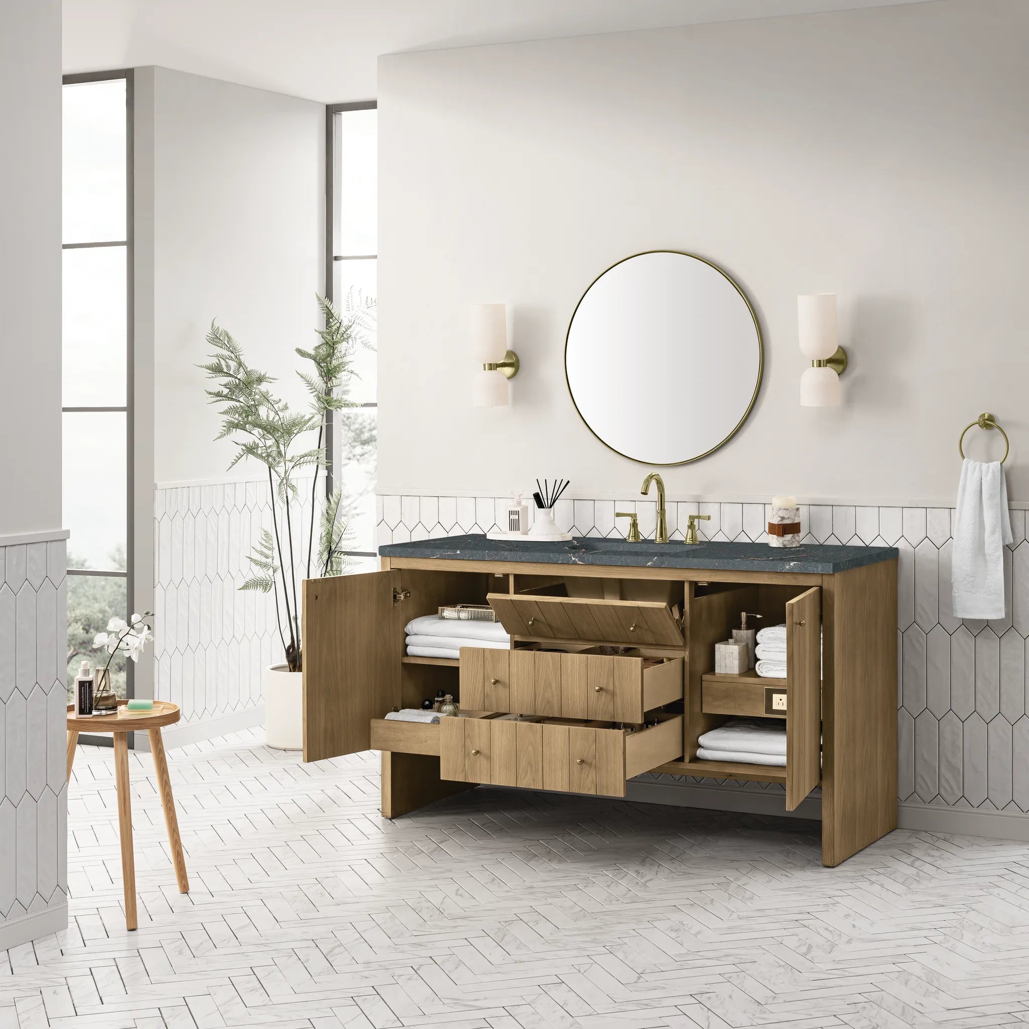 60" Hudson Single Vanity in Light Natural Oak w/FreePower Wireless Charger-Parisien Bleu Silestone-8" Widespread image 6