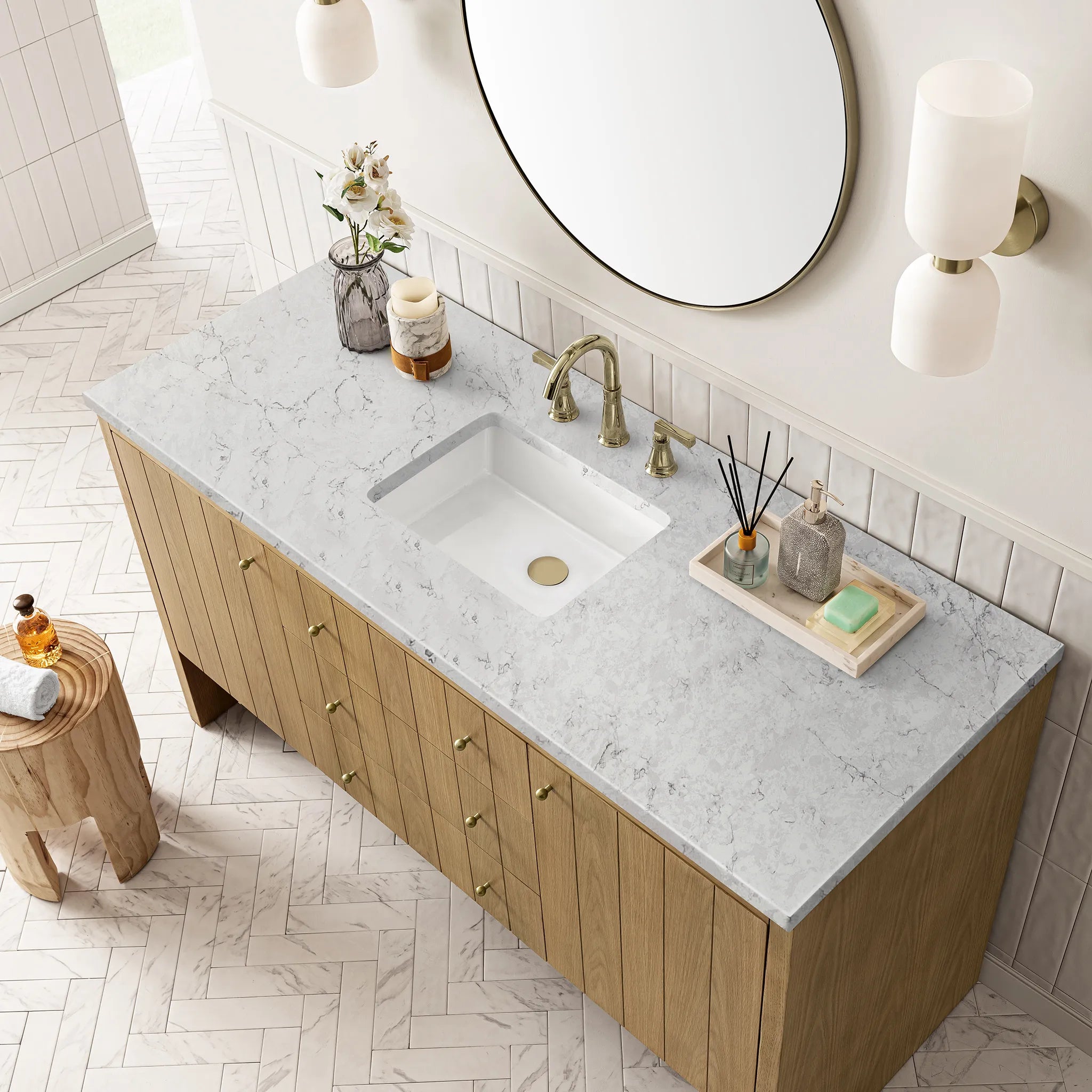 60" Hudson Single Vanity in Light Natural Oak Wireless Charger-Eternal Jasmine Pearl Silestone-8" Widespread image 8