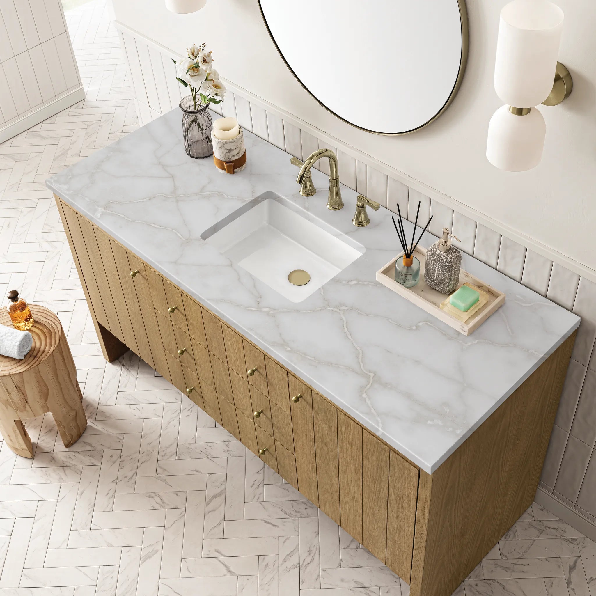 60" Hudson Single Vanity in Light Natural Oak Wireless Charger-Victorian Silver Silestone-8" Widespread image 8