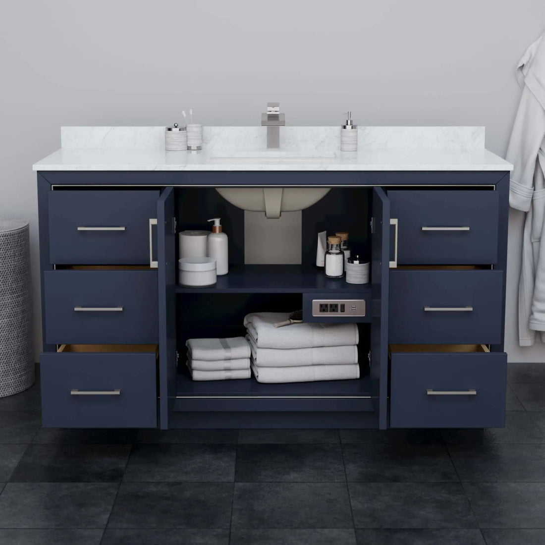 60" Icon Single Bathroom Vanity in Dark Blue with Brushed Nickel Trim & 58" Mirror by Wyndham