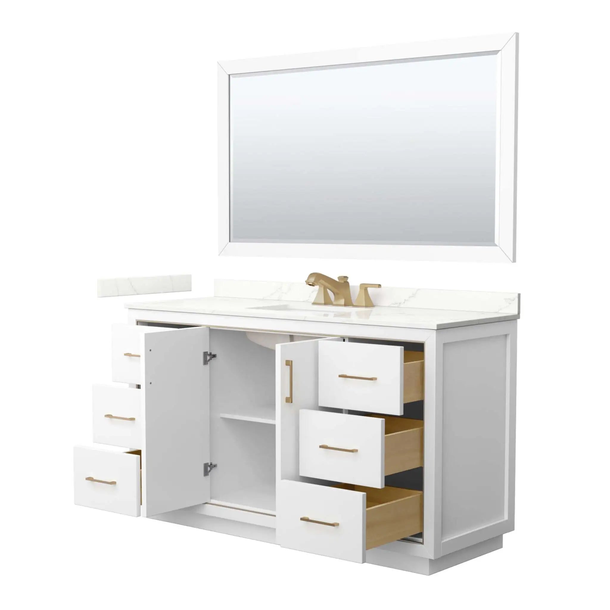 60" Icon Single Bathroom Vanity in White with Satin Bronze Trim & 58" Mirror by Wyndham