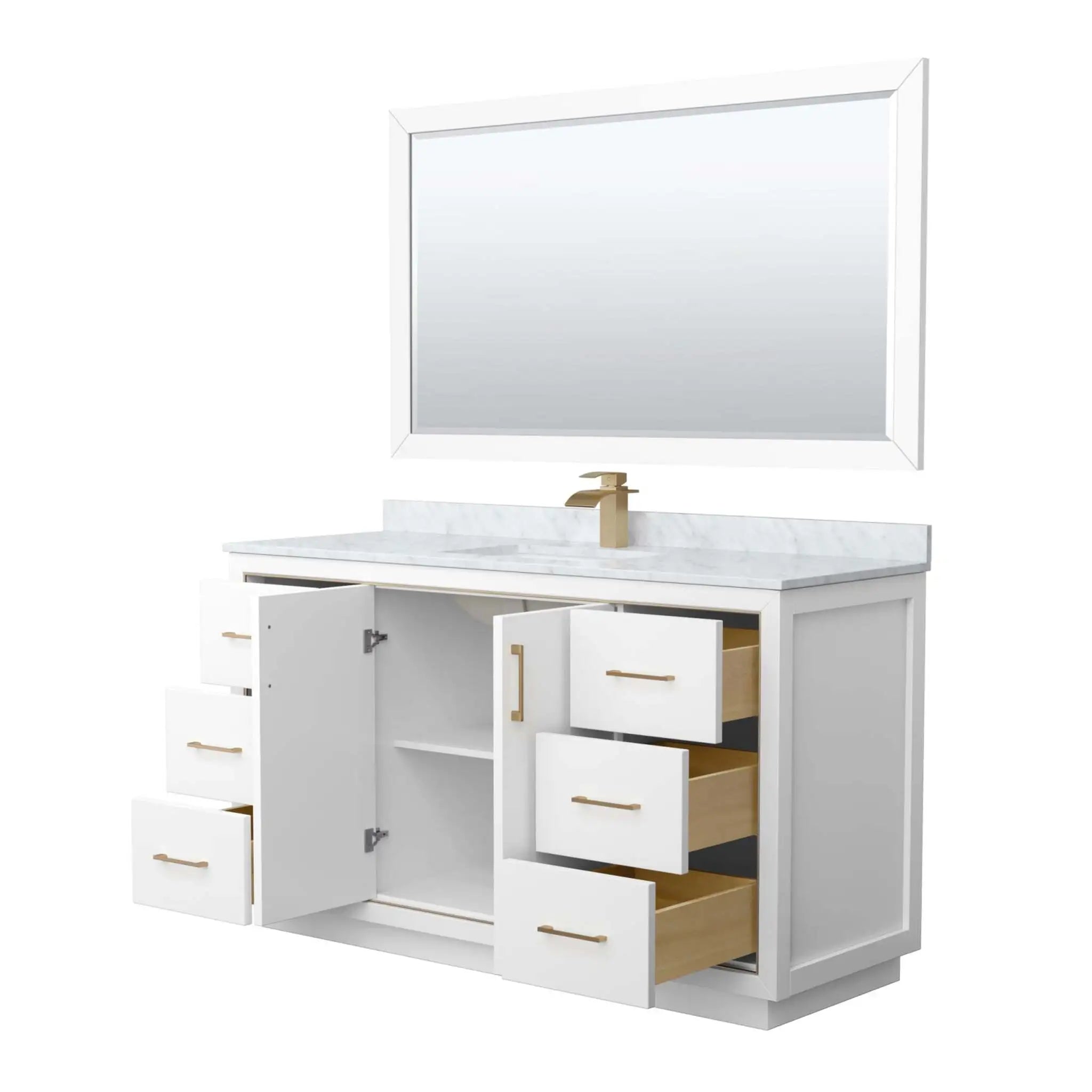 60" Icon Single Bathroom Vanity in White with Satin Bronze Trim & 58" Mirror by Wyndham