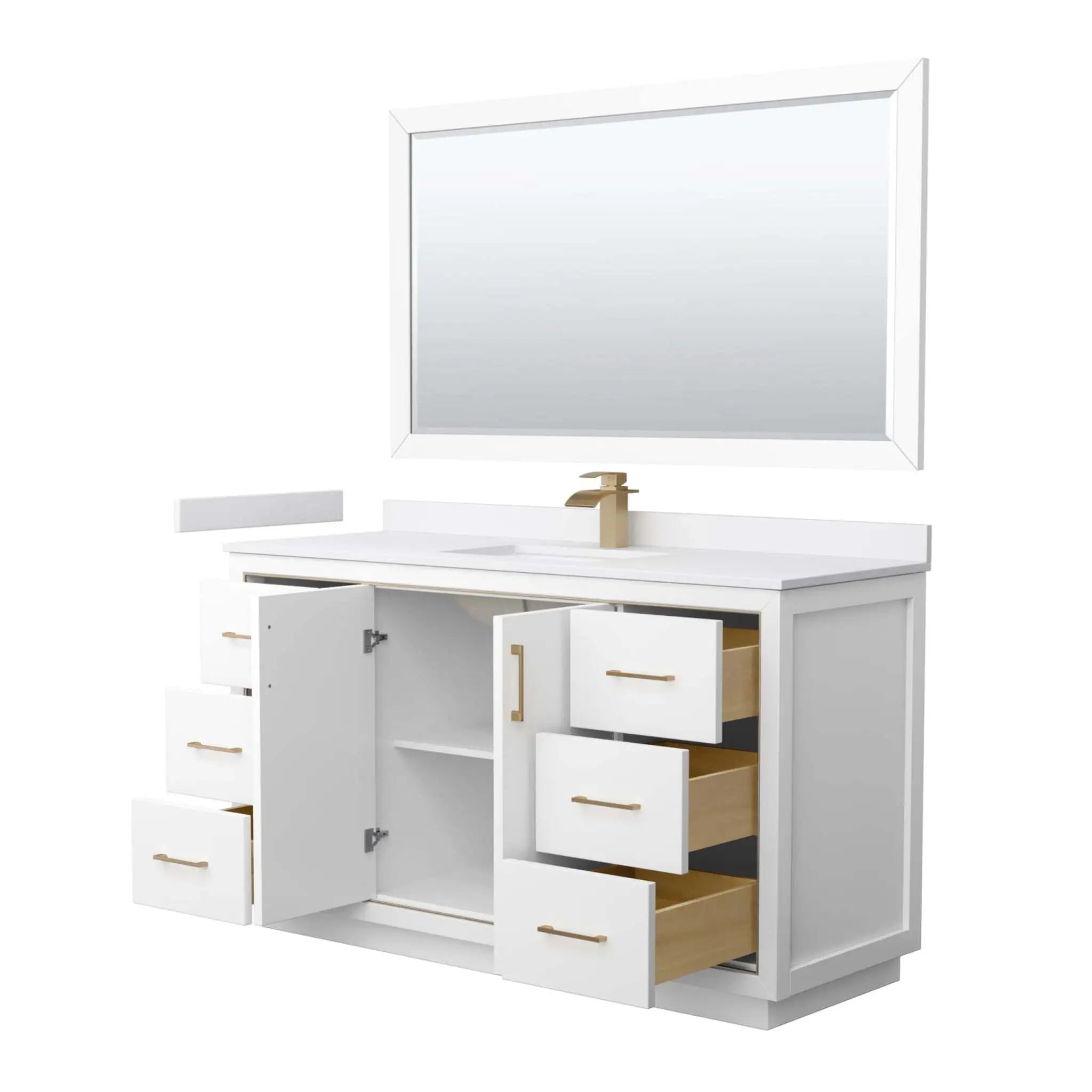 60" Icon Single Bathroom Vanity in White with Satin Bronze Trim & 58" Mirror by Wyndham