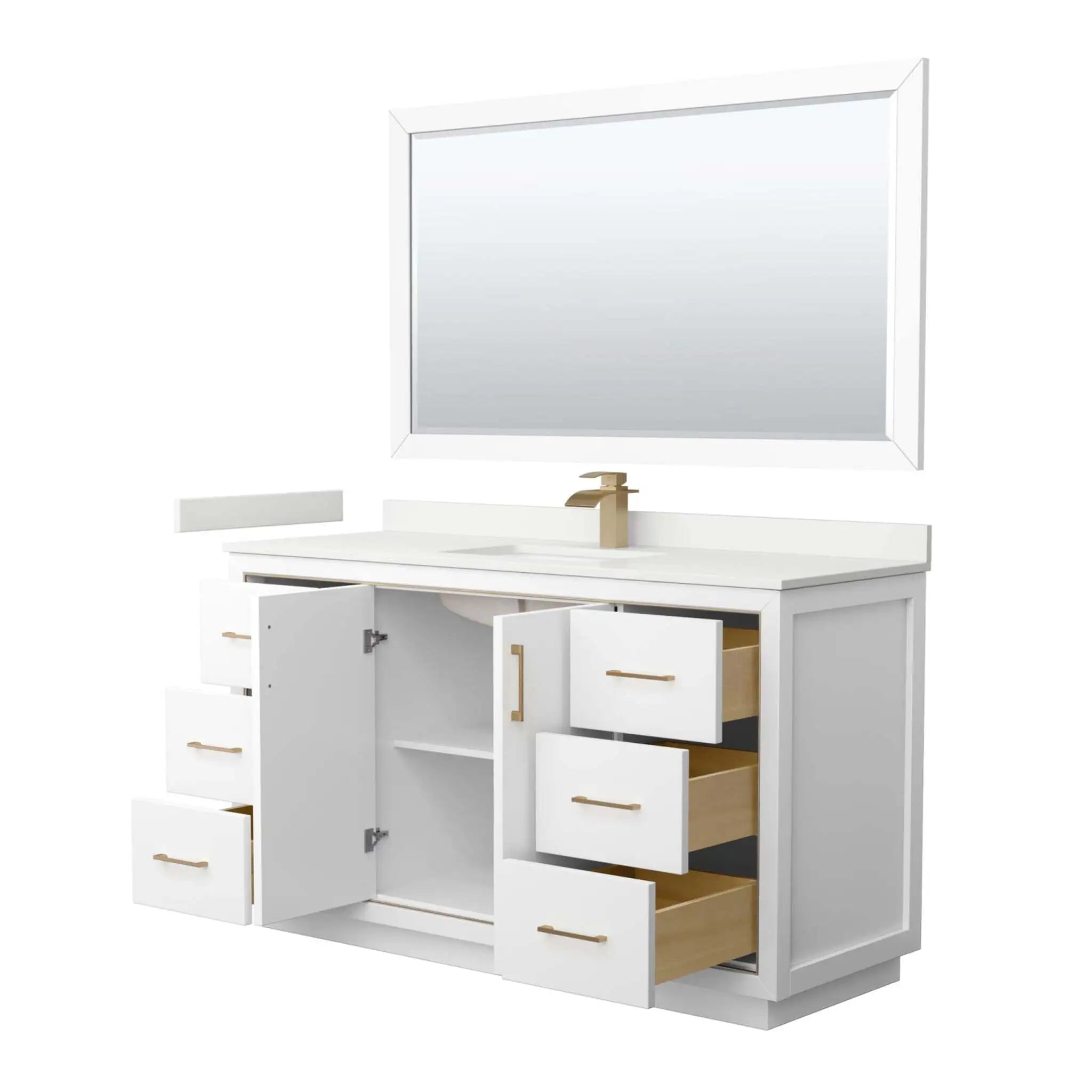 60" Icon Single Bathroom Vanity in White with Satin Bronze Trim & 58" Mirror by Wyndham