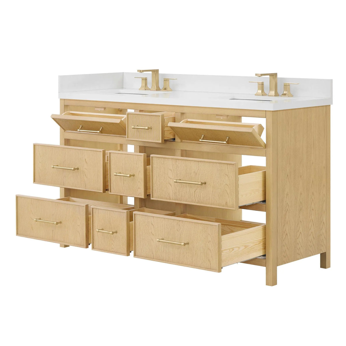 60" Isola Double Bathroom Vanity Scandinavian Oak Satin Bronze Trim by wyndham View 15
