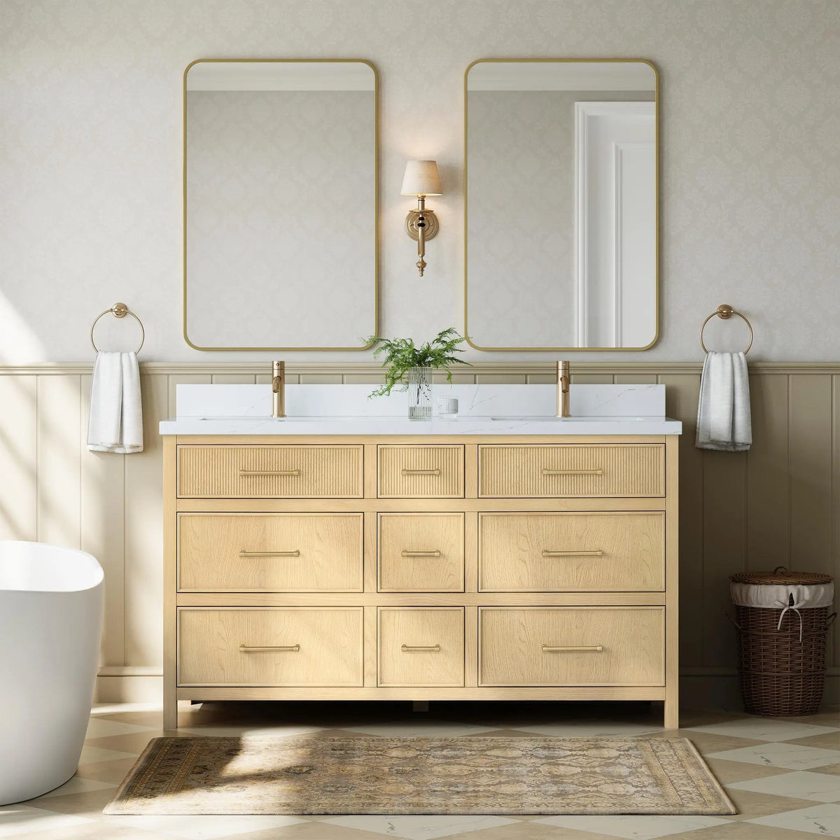 60" Isola Double Bathroom Vanity Scandinavian Oak Satin Bronze Trim by wyndham View 2