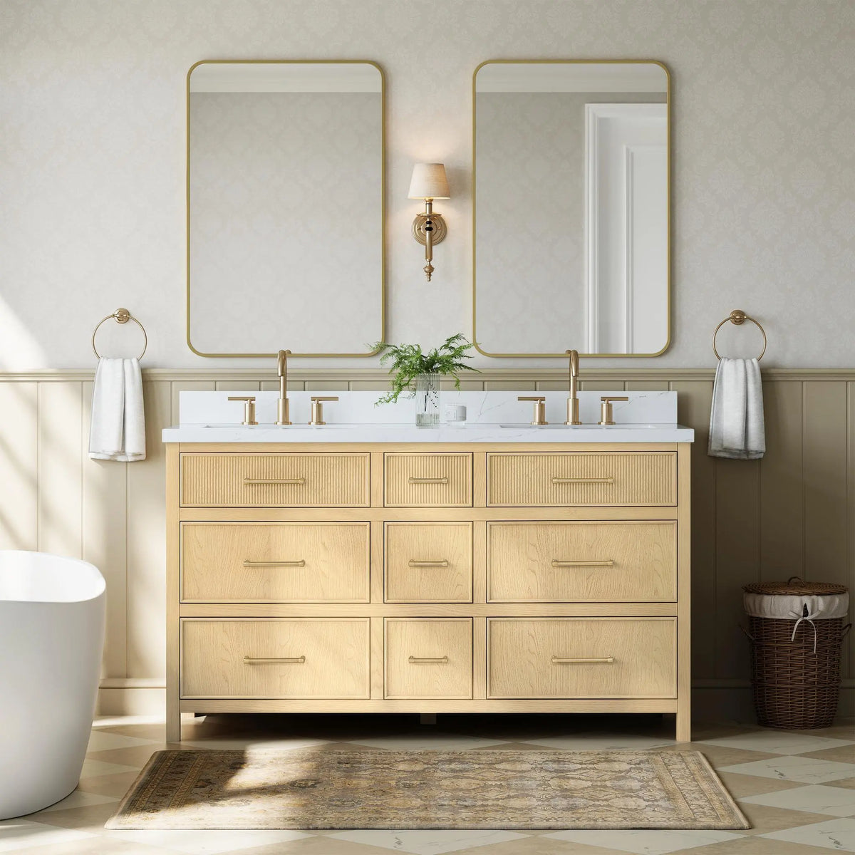 60" Isola Double Bathroom Vanity Scandinavian Oak Satin Bronze Trim by wyndham View 6