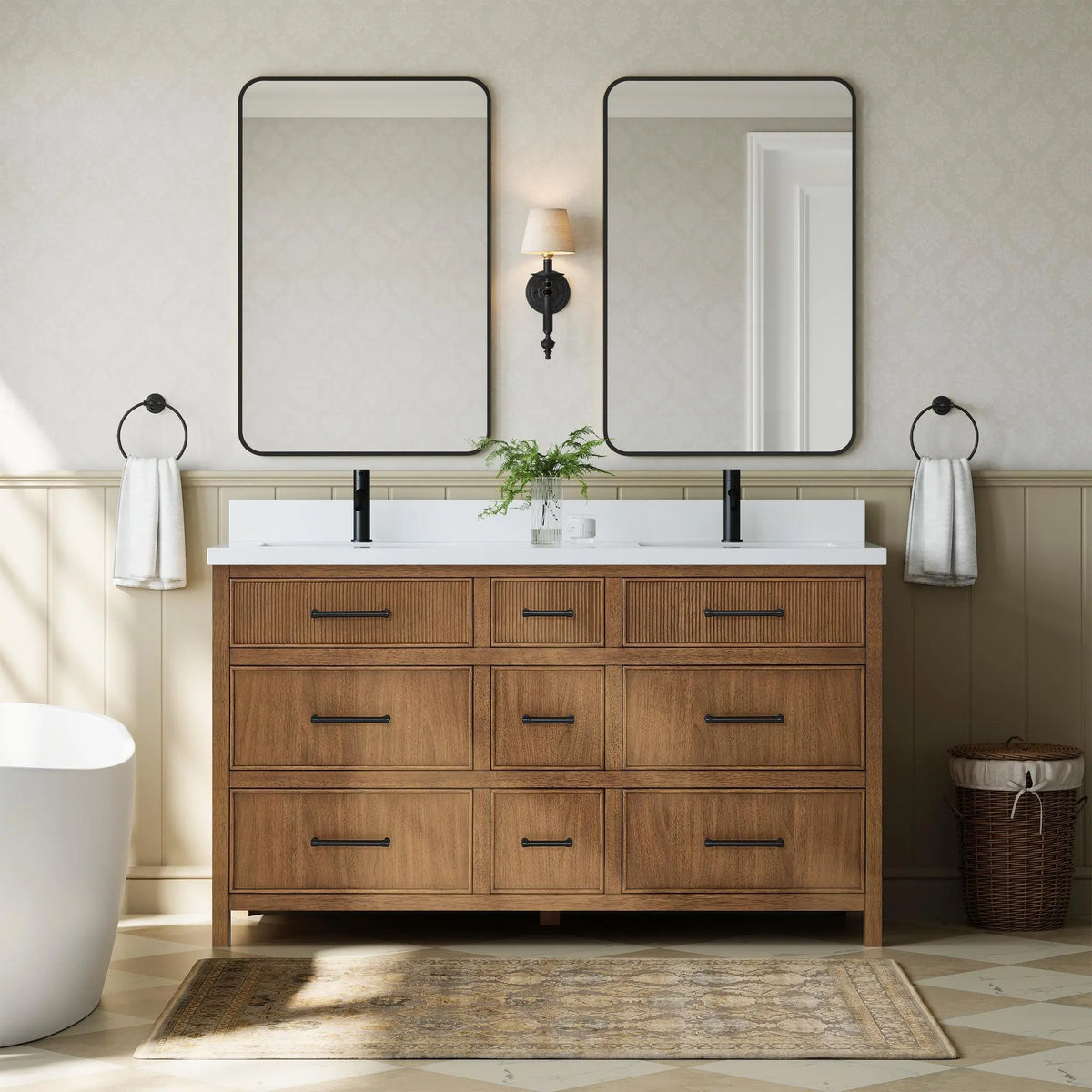 60" Isola Double Bathroom Vanity Toasted Walnut Matte Black Trim by wyndham View 10