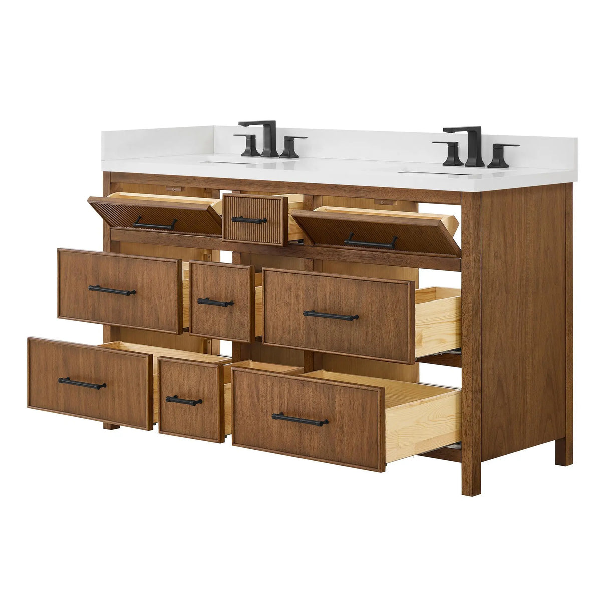 60" Isola Double Bathroom Vanity Toasted Walnut Matte Black Trim by wyndham View 15