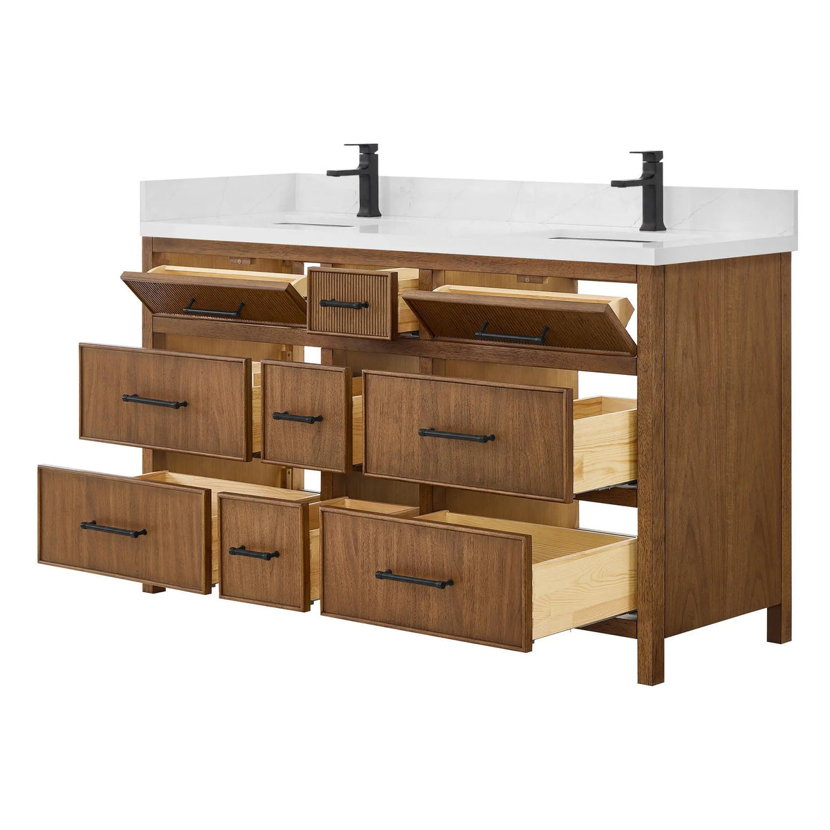60" Isola Double Bathroom Vanity Toasted Walnut Matte Black Trim by wyndham View 3