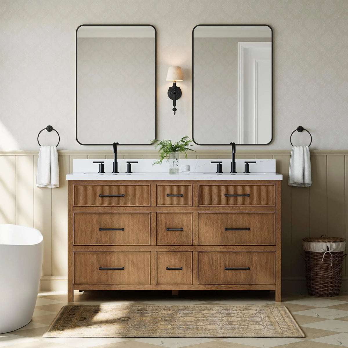 60" Isola Double Bathroom Vanity Toasted Walnut Matte Black Trim by wyndham View 6